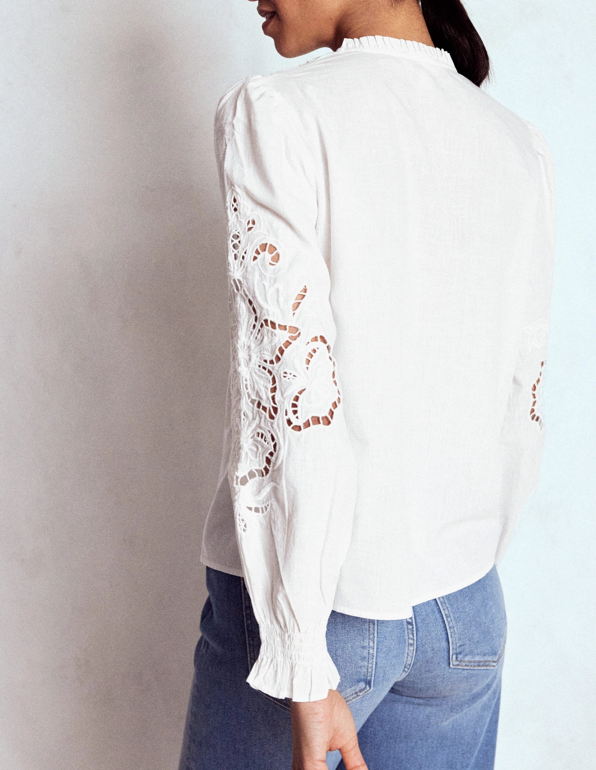 Cutwork Embroidered Blouse-White Wrinkle Resistant Finish Practical Comfort