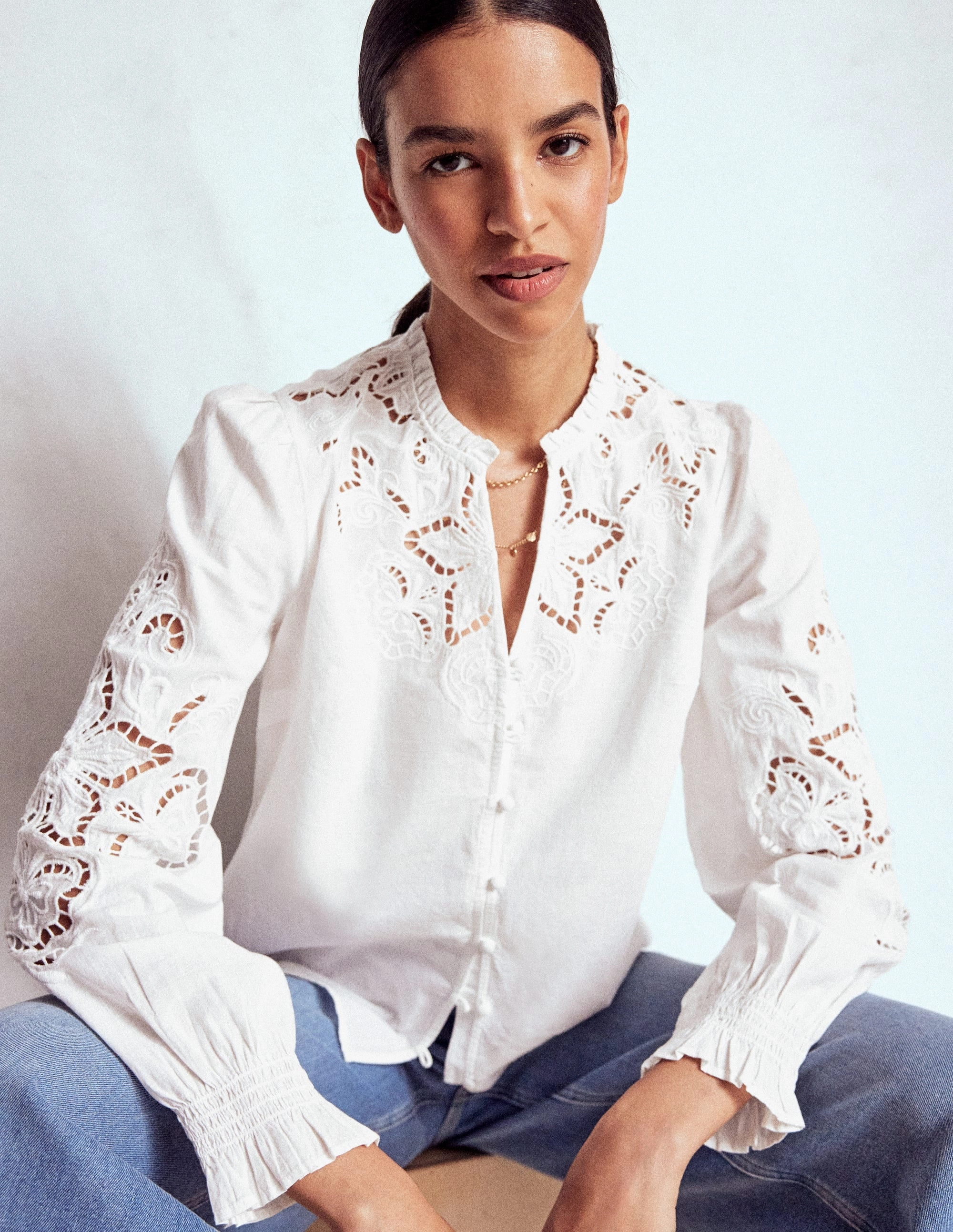 Cutwork Embroidered Blouse-White Quick Fit Wear Casual All-Day