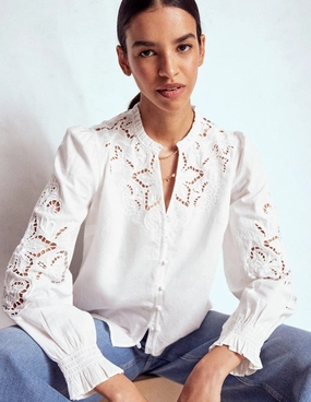 Cutwork Embroidered Blouse-White Quick Fit Wear Casual All-Day