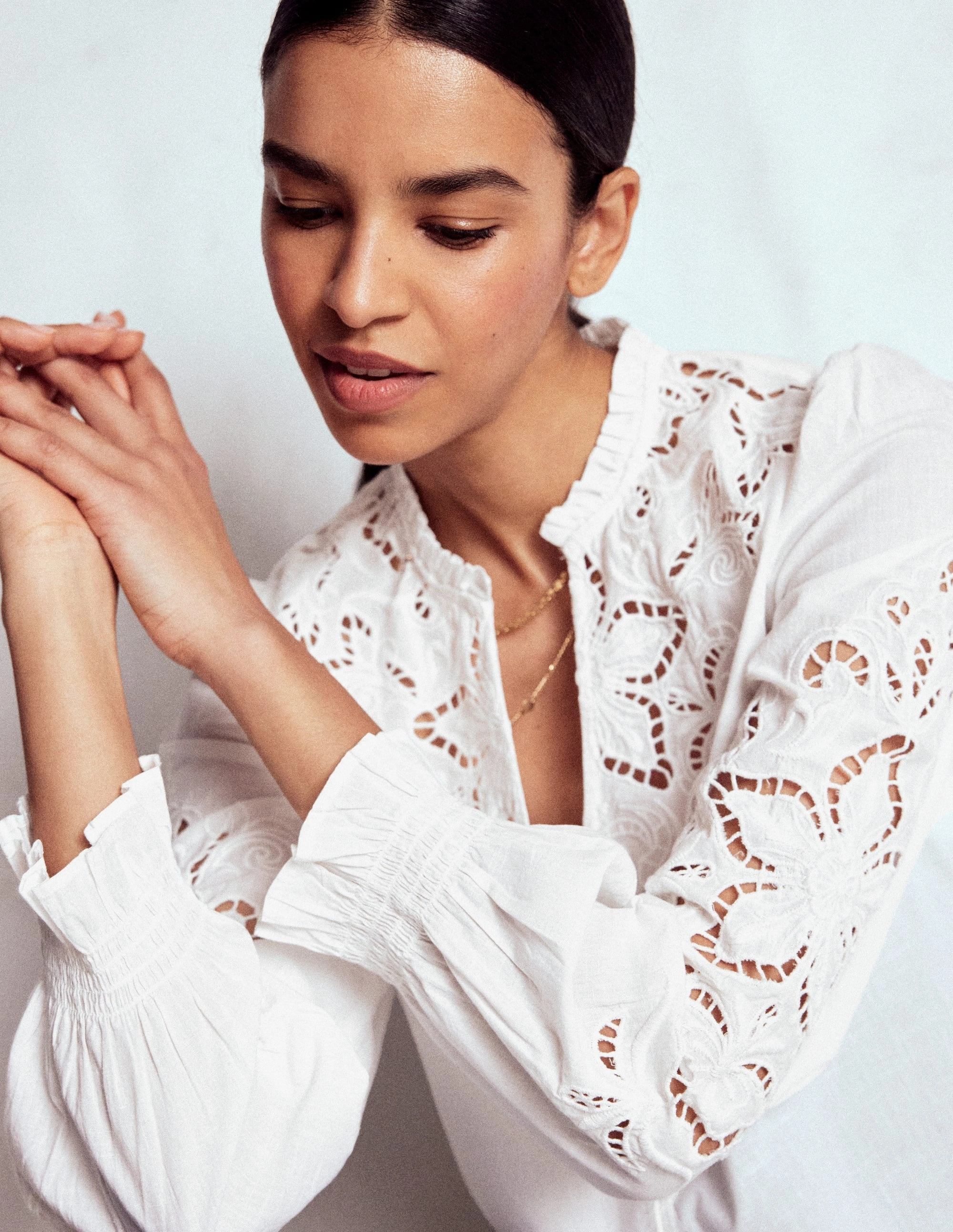 Cutwork Embroidered Blouse-White Eco-friendly Easy-Going Style