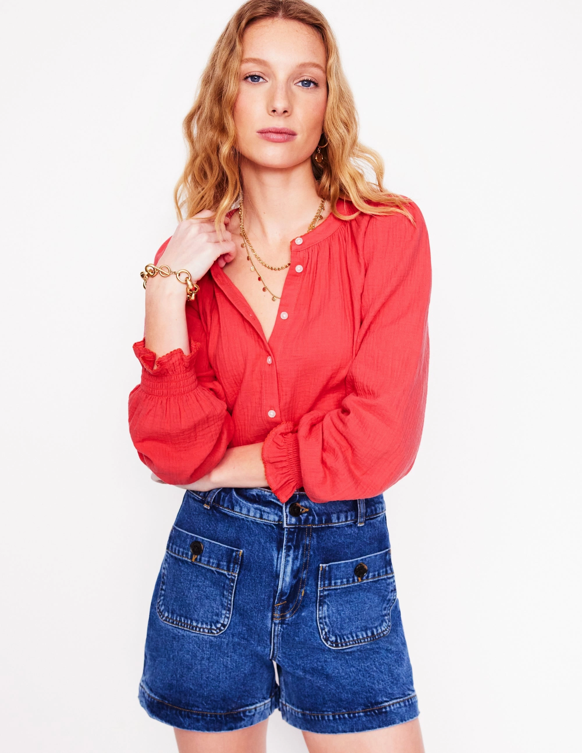 Evie Double Cloth Top-Jam Red Comfy Design Wear Ribbed Neckline