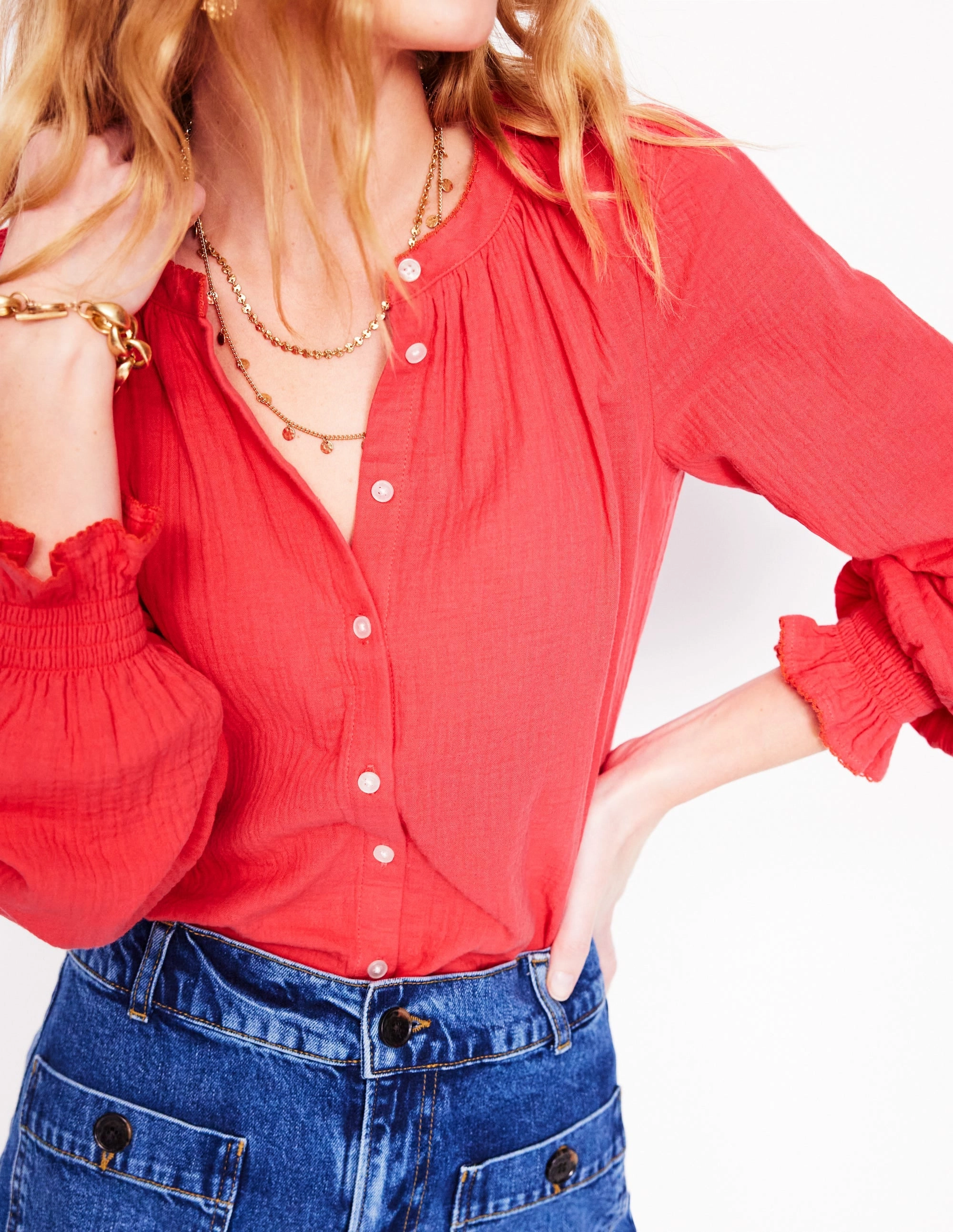 No Fade Technology Evie Double Cloth Top-Jam Red