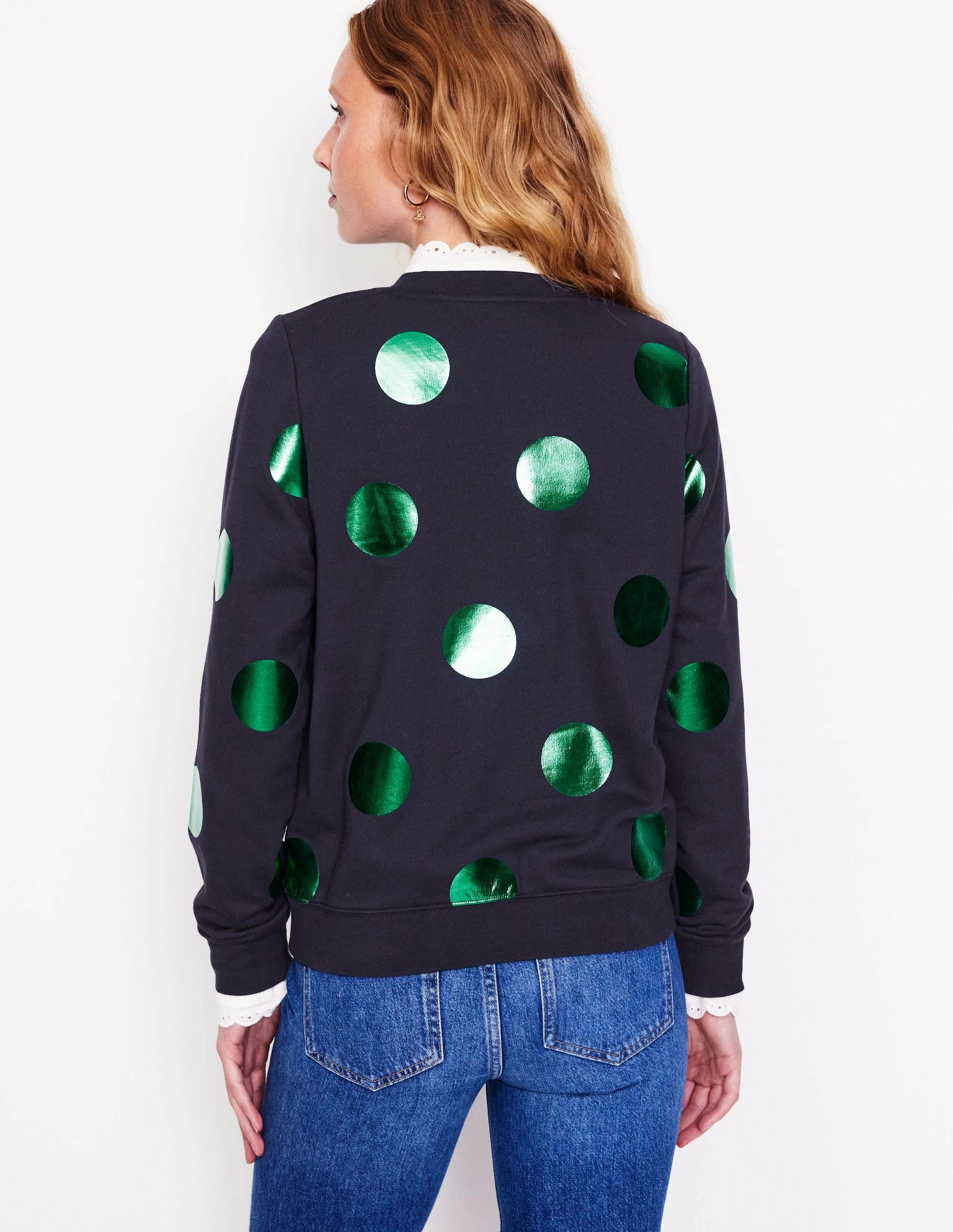 Pocket Design Hannah Printed Sweatshirt-Navy, Green Spot