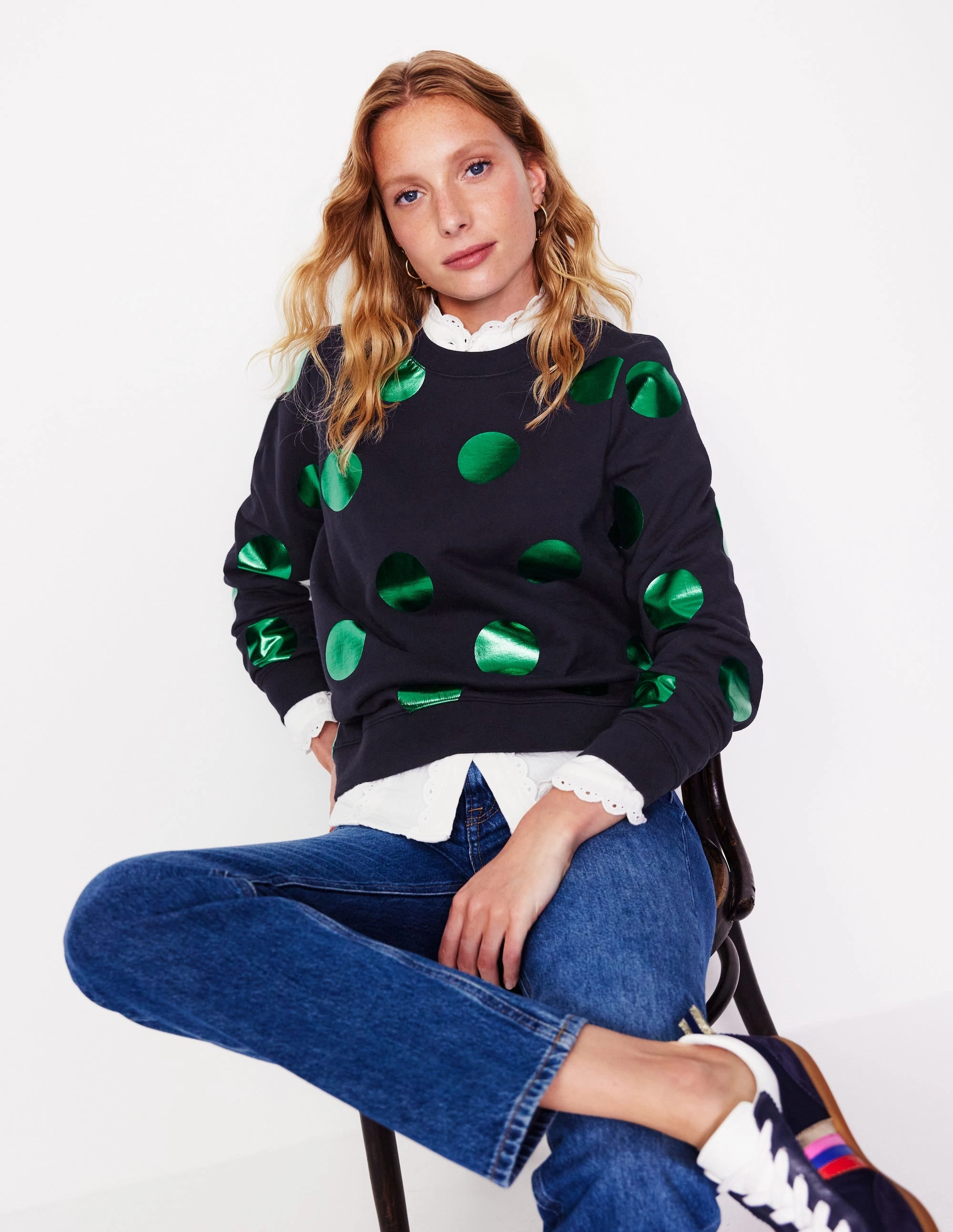Stretchable Collar Band Trendy Design Hannah Printed Sweatshirt-Navy, Green Spot
