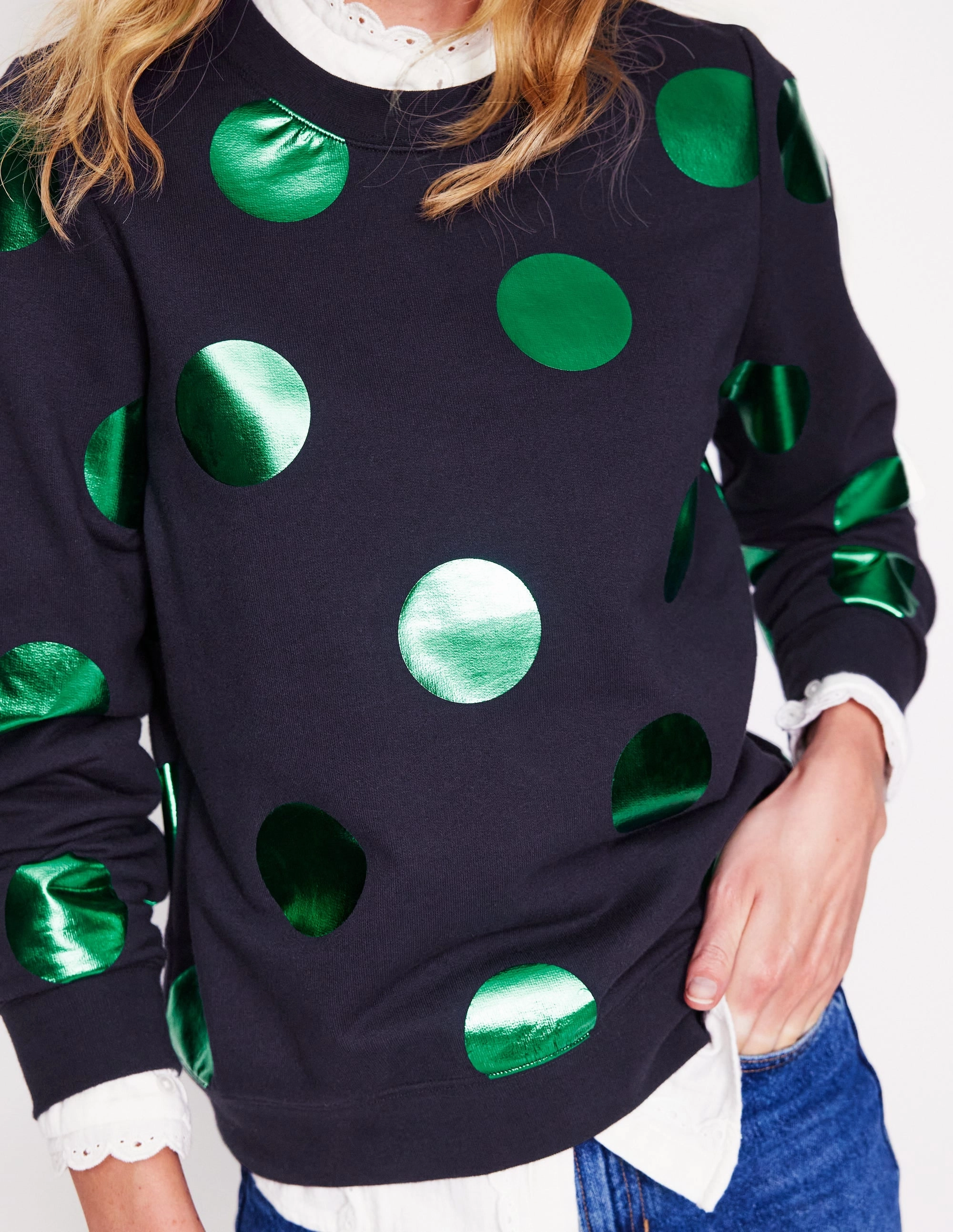Hannah Printed Sweatshirt-Navy, Green Spot Floral Print Cozy Wear Design