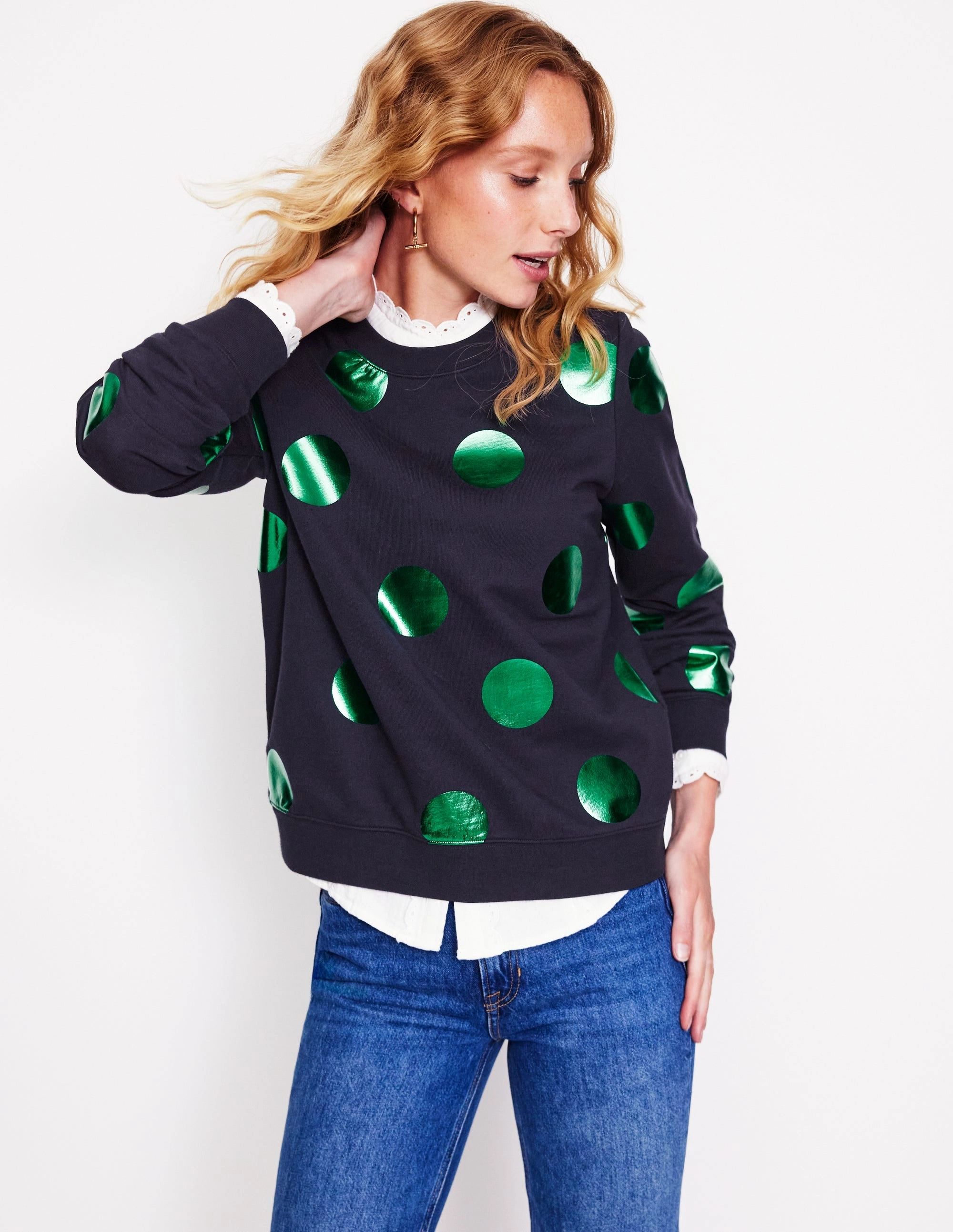 Colorfast Dye Hannah Printed Sweatshirt-Navy, Green Spot