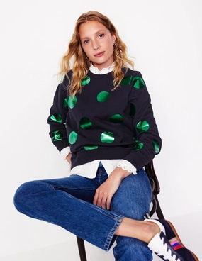 Stretchable Collar Band Trendy Design Hannah Printed Sweatshirt-Navy, Green Spot