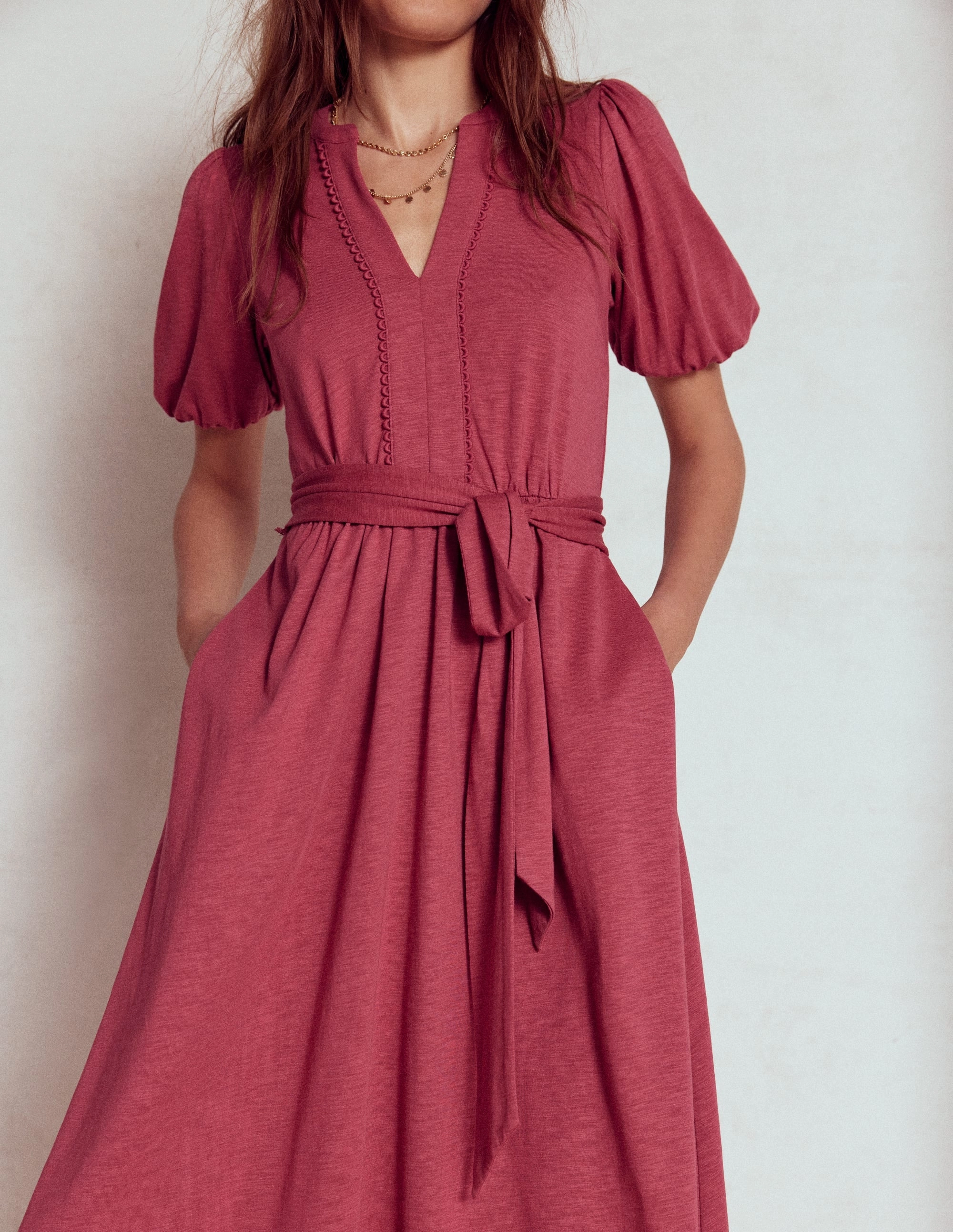 Winter Layering tailored look Sofia Trim Jersey Midi Dress-Terracotta Red