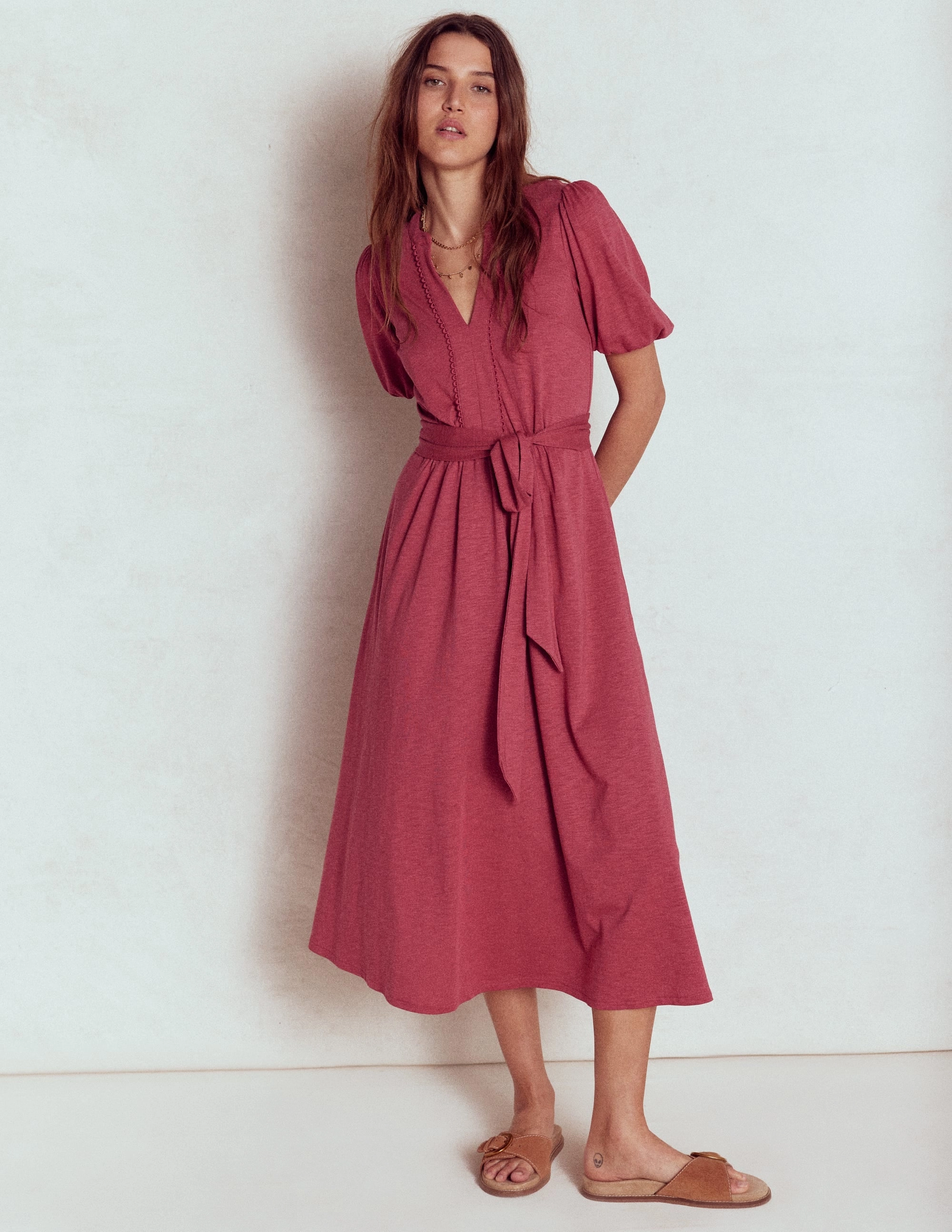 Sofia Trim Jersey Midi Dress-Terracotta Red Calm Fit
