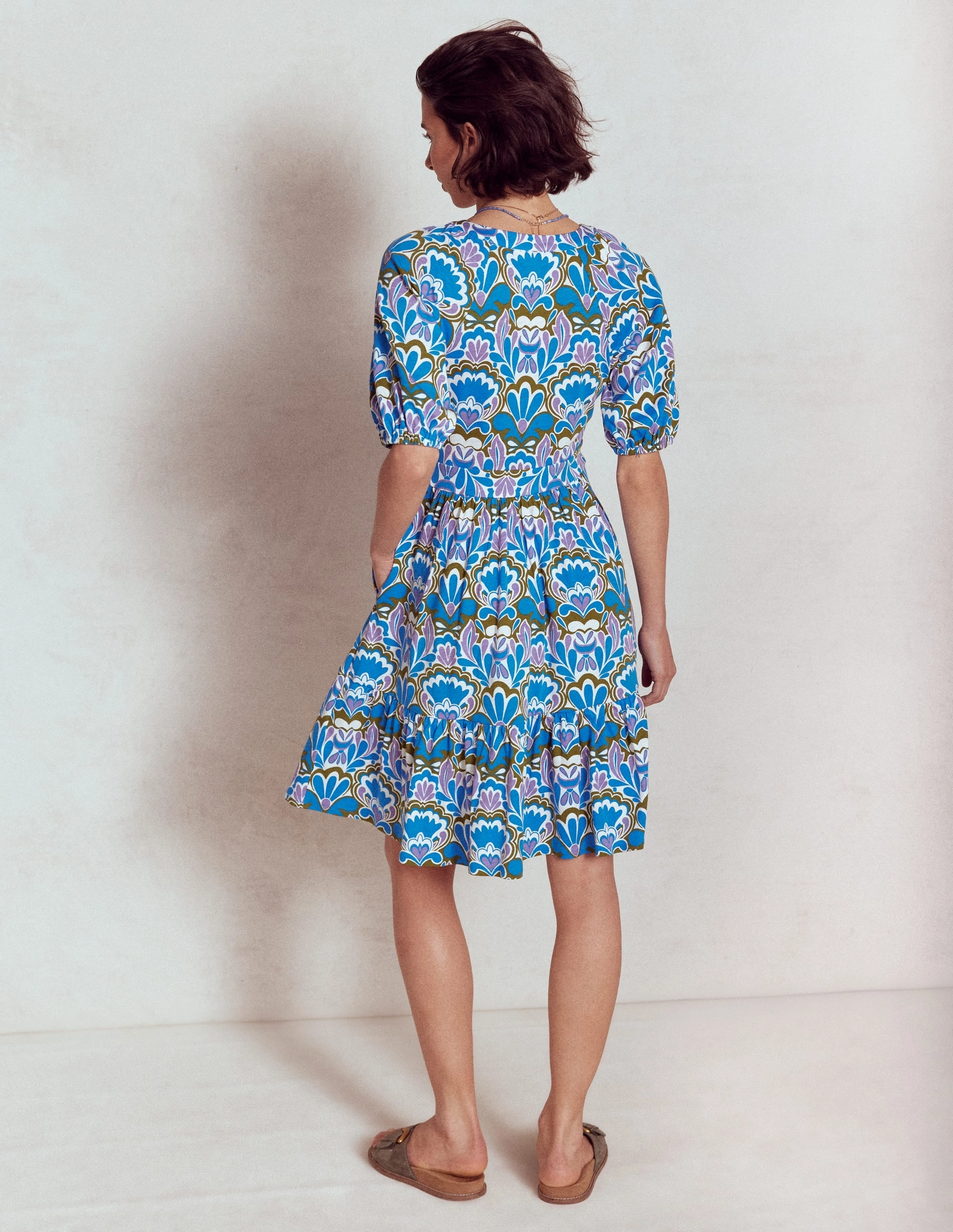 Softly Structured Elegant Waist Fit Piper Short Jersey Dress-Kingfisher Blue, Freesia Stamp