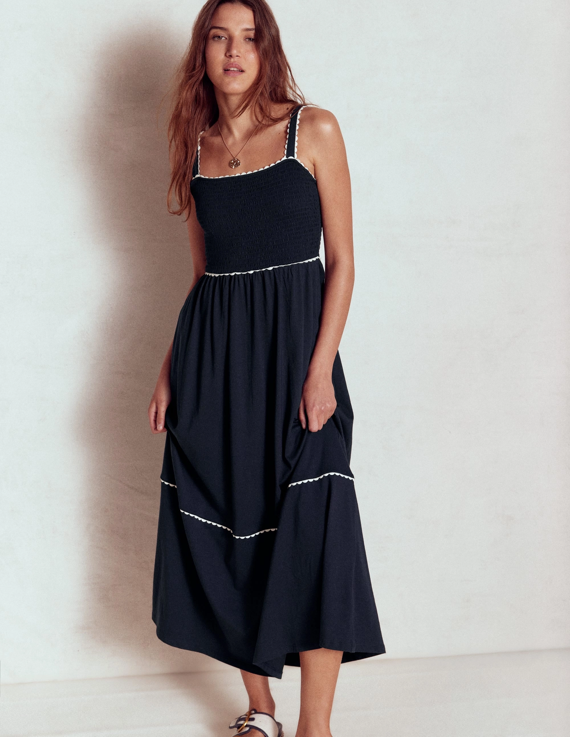 Glam Feel Smocked Trim Maxi Dress-Navy
