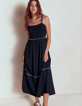 Glam Feel Smocked Trim Maxi Dress-Navy