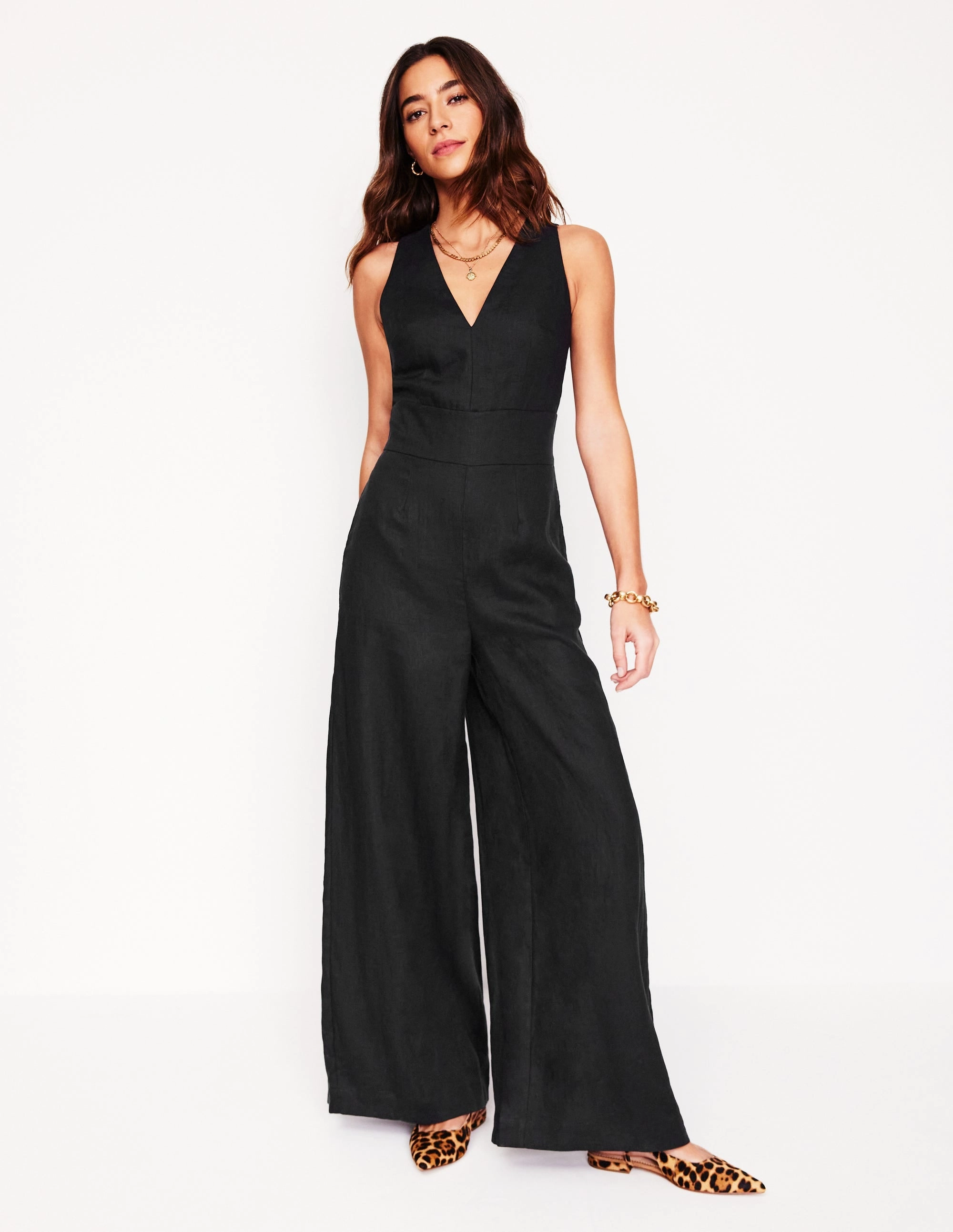 Vibrant Waist Fit EcoFriendlyDye V-Neck Linen Jumpsuit-Black
