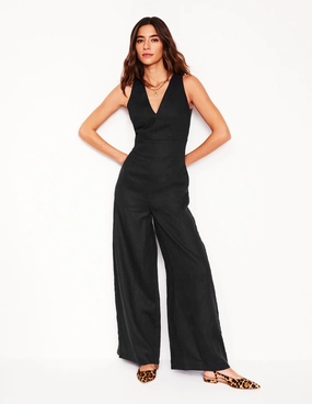 V-Neck Linen Jumpsuit-Black Balanced Light
