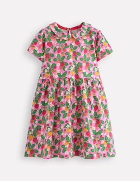 Lightweight Layer Peter Pan Collar Jersey Dress-Cosmos Pink Strawberry Patch