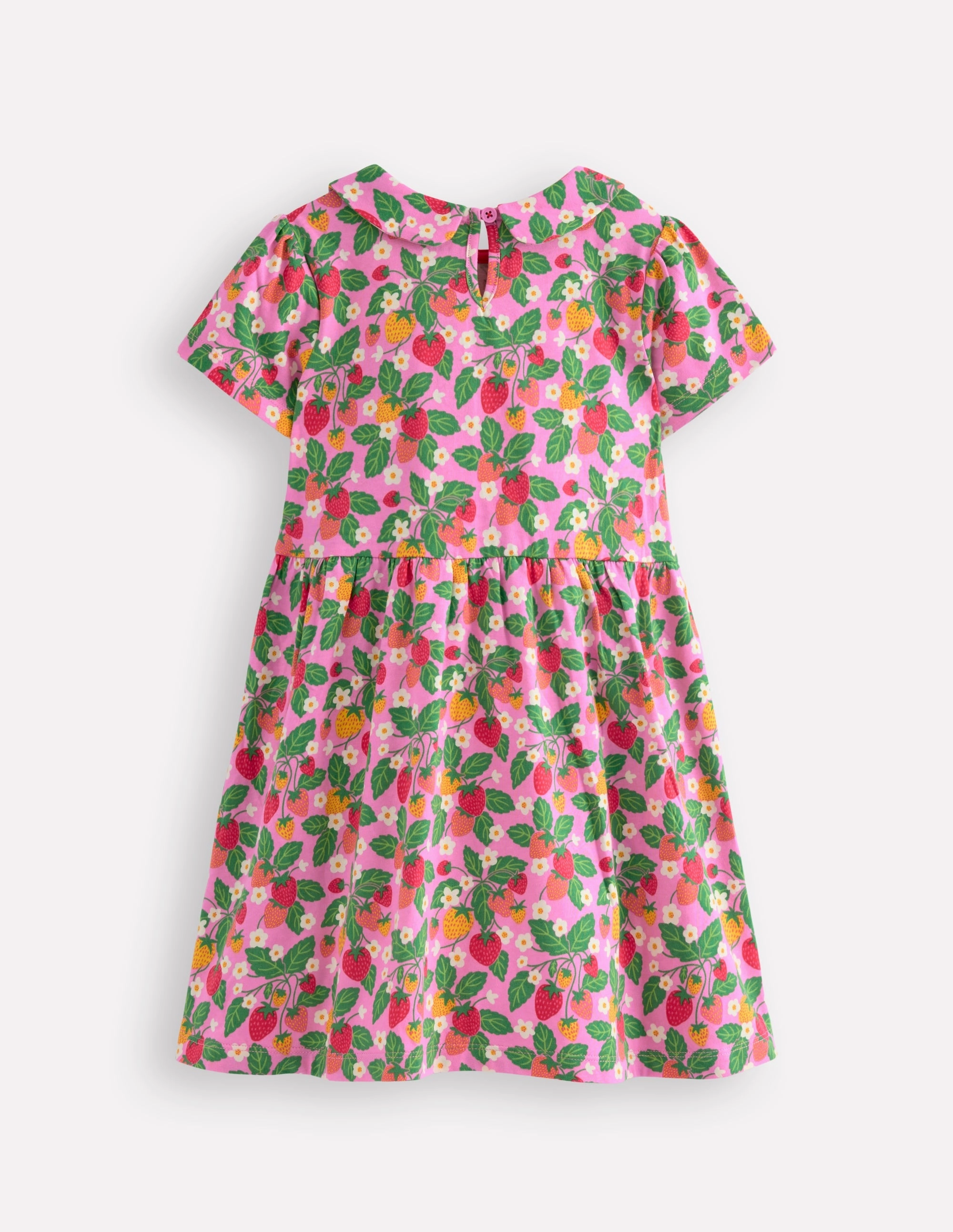 Peter Pan Collar Jersey Dress-Cosmos Pink Strawberry Patch Textured Layers Vintage Style