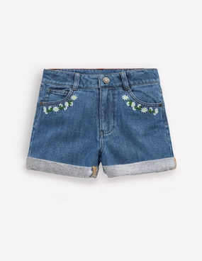 Denim Shorts-Vintage Embroidered Daisy surf wear Tear Resistant Weave