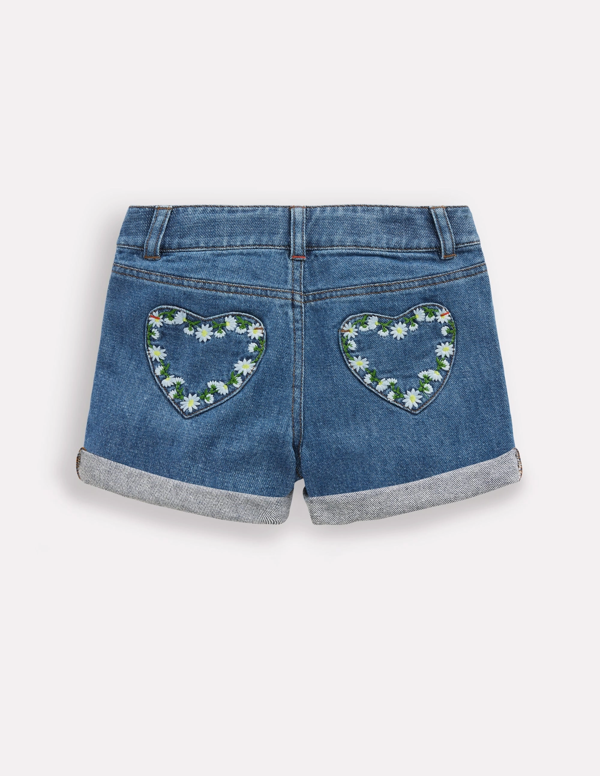 cheering section Denim Shorts-Vintage Embroidered Daisy