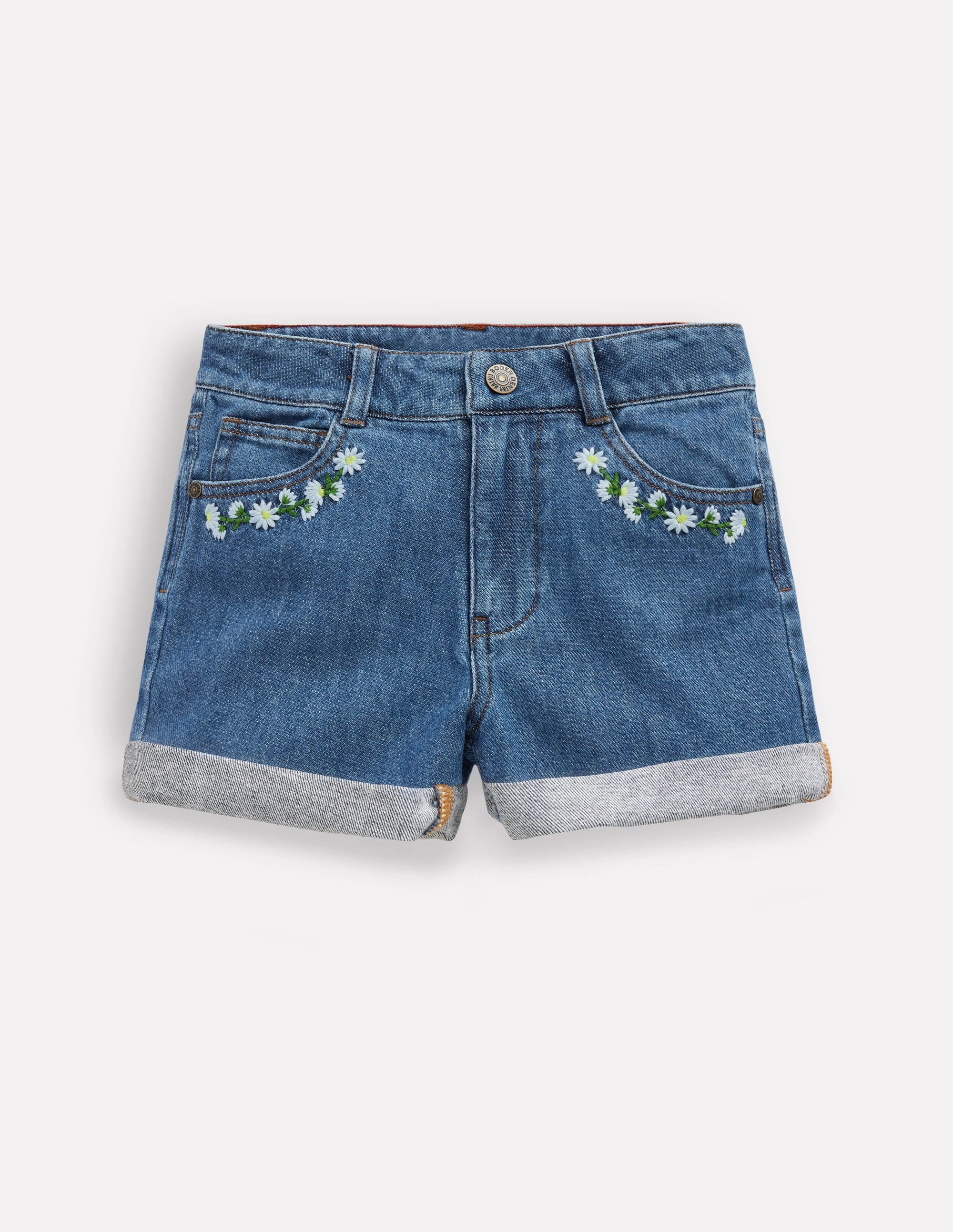 Denim Shorts-Vintage Embroidered Daisy surf wear Tear Resistant Weave