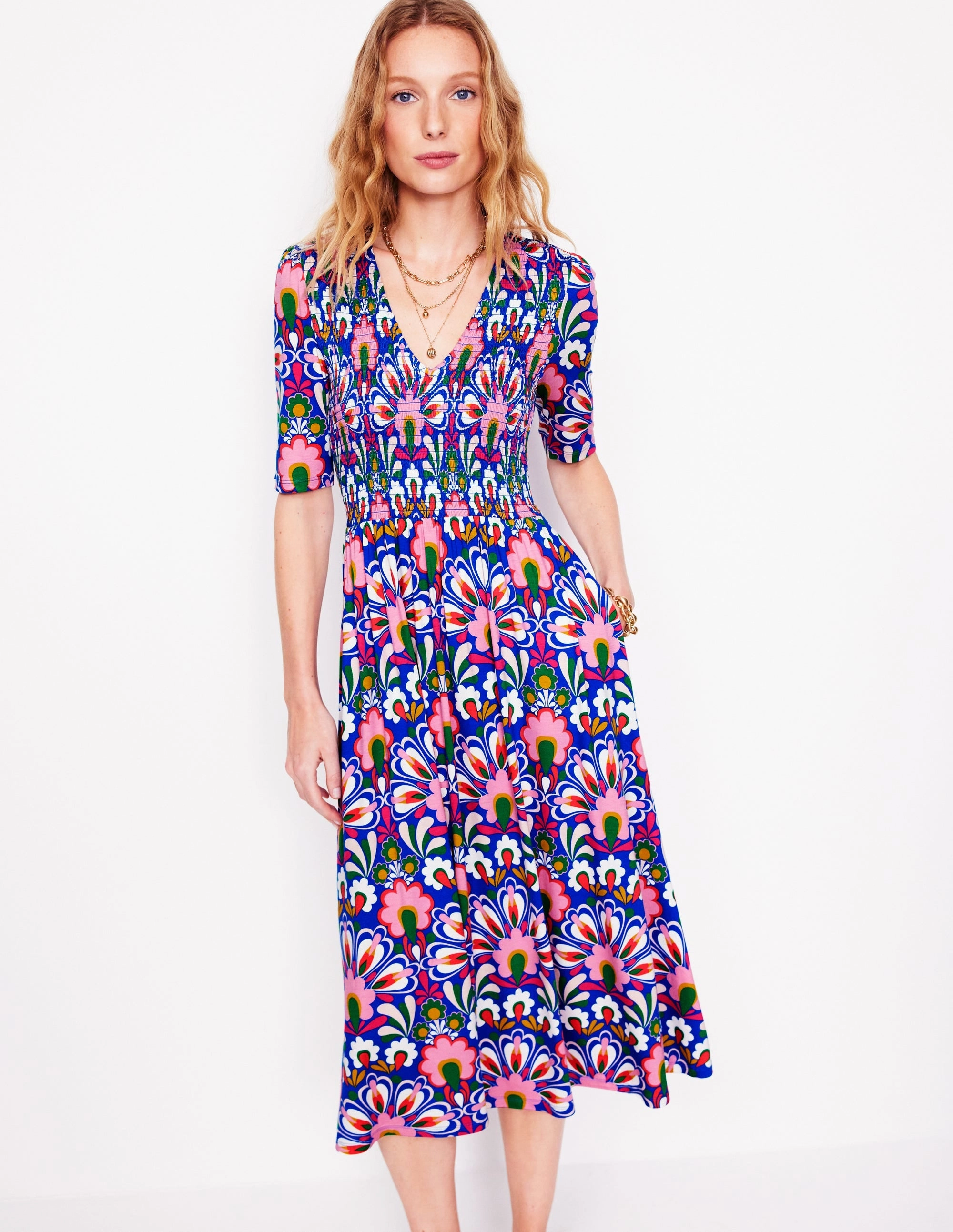 Bethany Smocked Jersey Dress-Gallery Blue, Dandelion Smart Layers Feminine Look