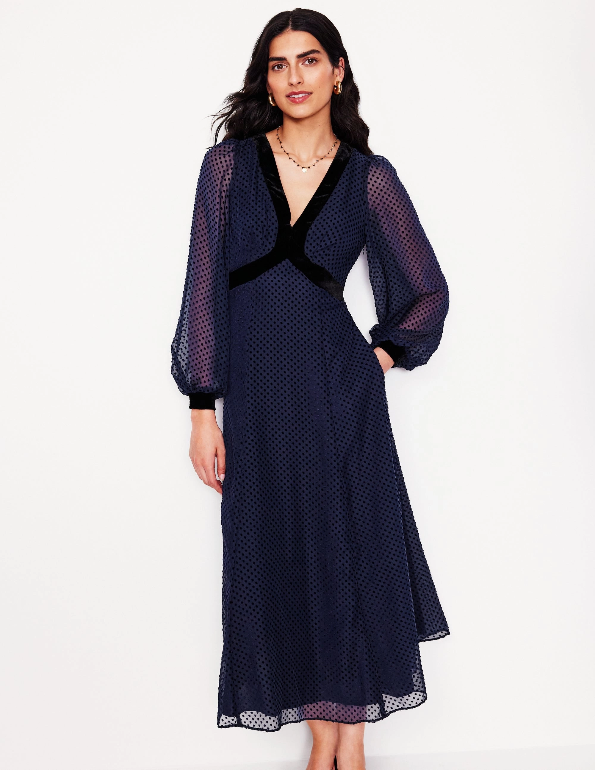Dreamy Motion Travel piece Devore Maxi Tea Dress-Navy, Devore Spot