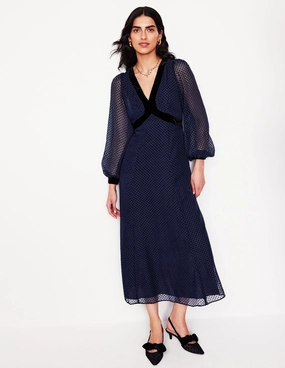Timeless Cut Back Detail Devore Maxi Tea Dress-Navy, Devore Spot