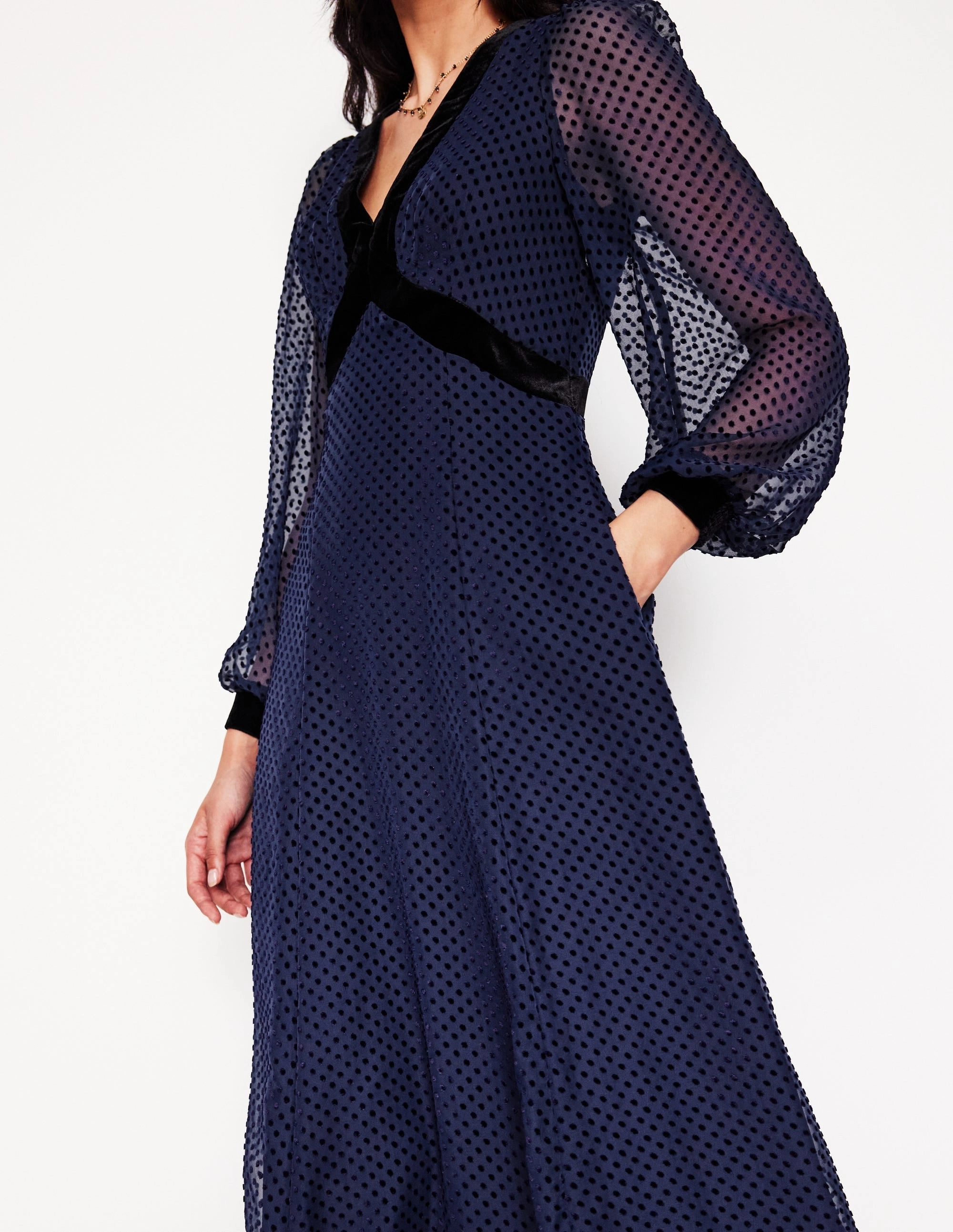 City Casual Modern Layering Devore Maxi Tea Dress-Navy, Devore Spot