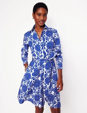 Amy Cotton Short Shirt Dress-Bright Blue, Dahlia Stamp Soft-Lining