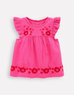 Breathable and Comfortable Quick Fit Performance Double Cloth Frill Sleeve Top-Sorbet Pink Embroidered