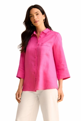 Bound Seam Finish Wide Cuff Linen Shirt - Bright Rose