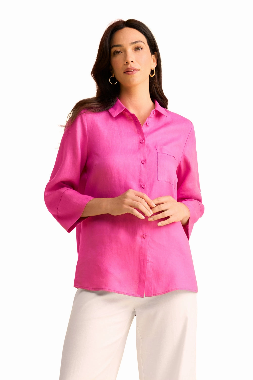 Reflective Safety Accents Wide Cuff Linen Shirt - Bright Rose