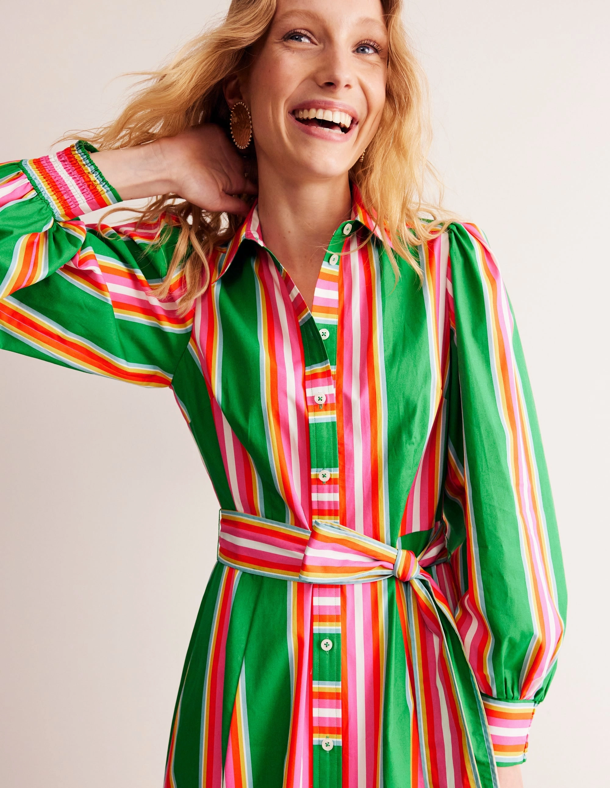 Cotton Midi Shirt Dress-Green Tambourine, Pink Stripe Natural Fit