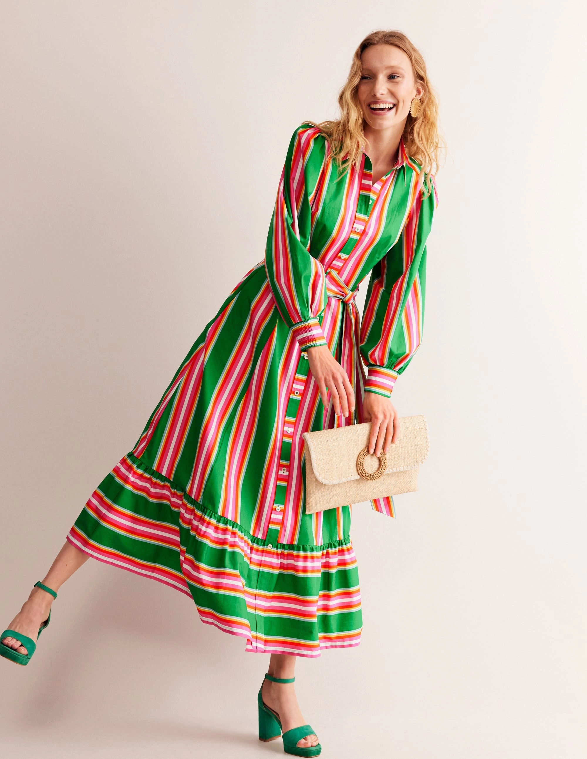 Elegant Tailoring Cotton Midi Shirt Dress-Green Tambourine, Pink Stripe
