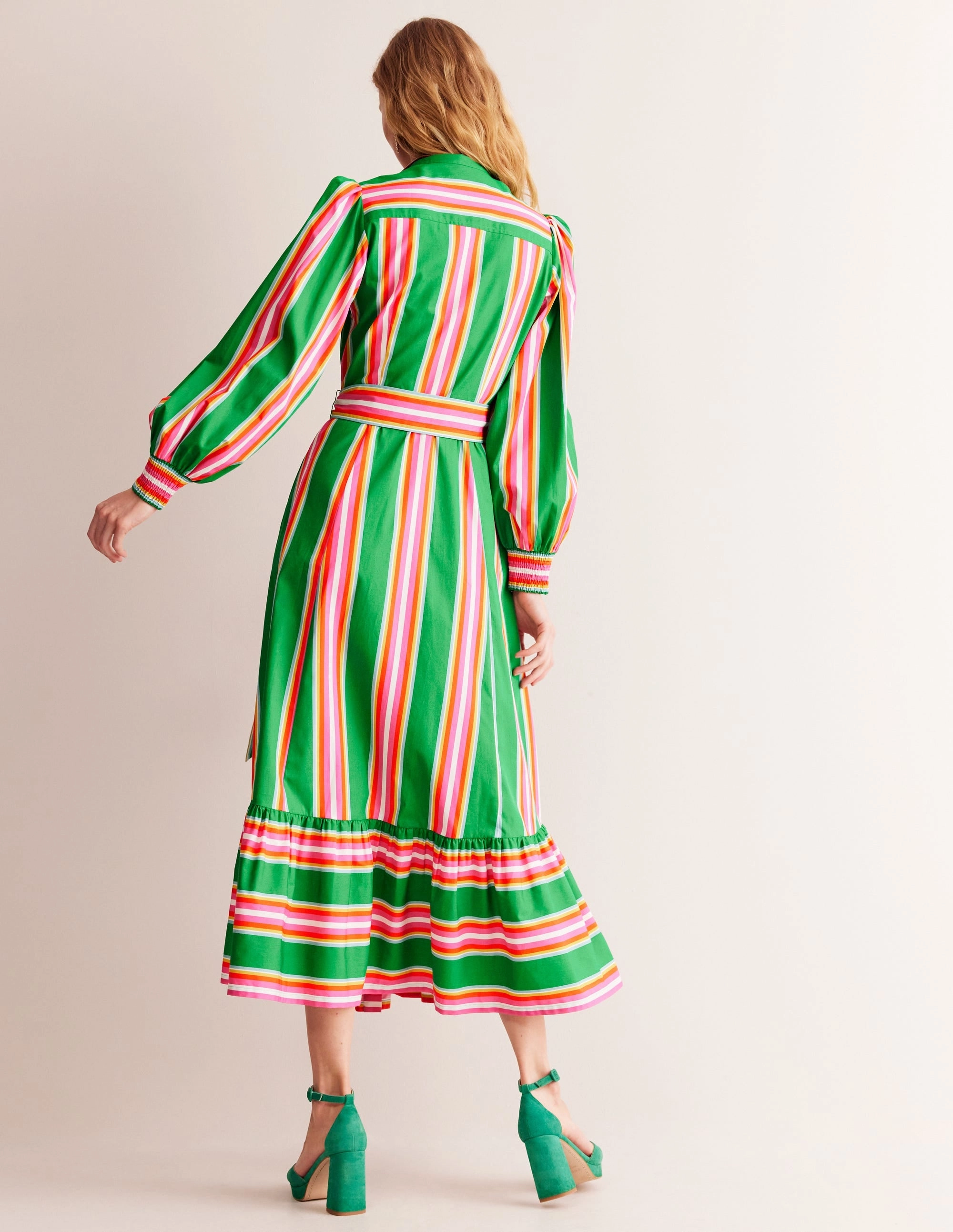 Cotton Midi Shirt Dress-Green Tambourine, Pink Stripe Versatile Wear
