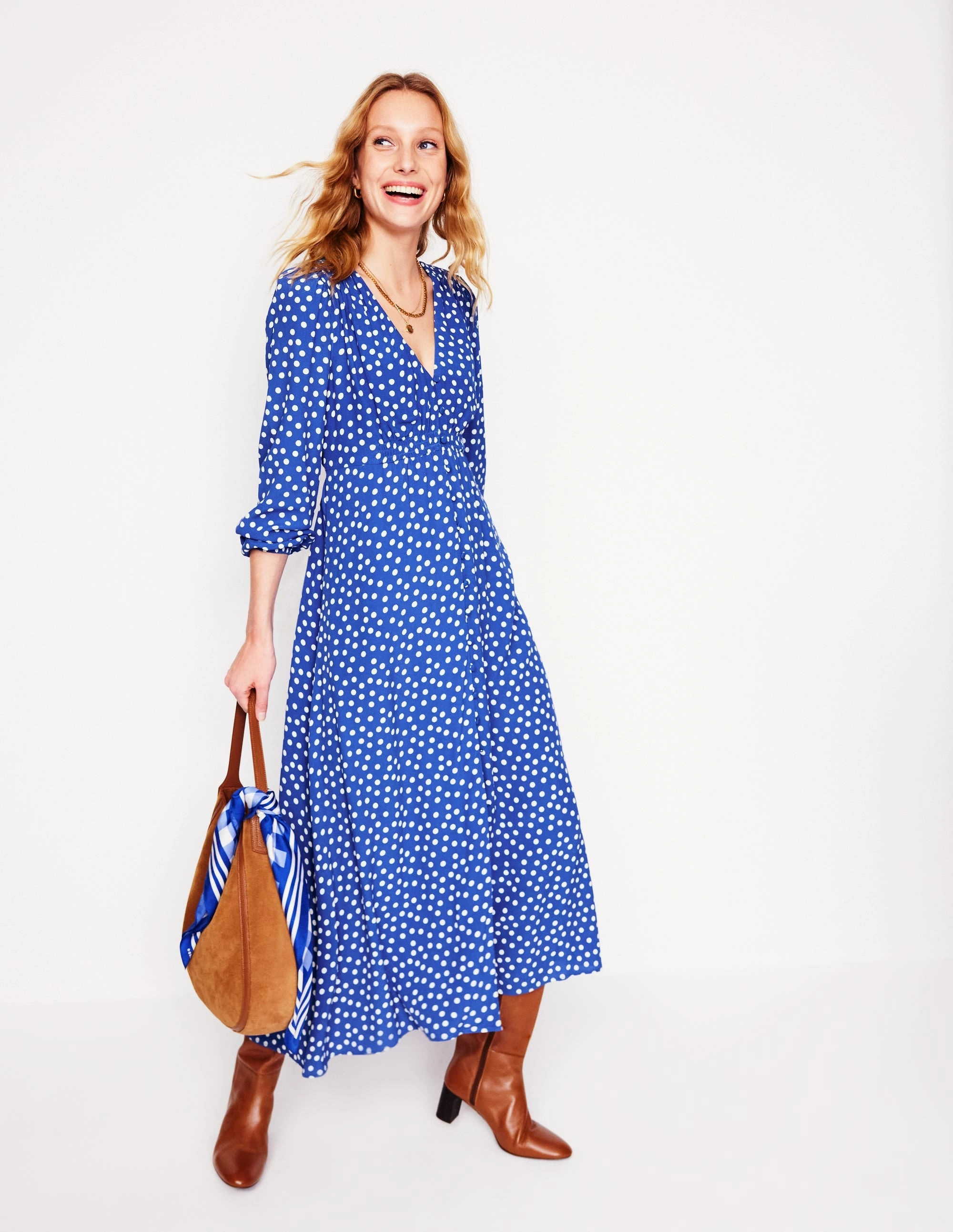 Gentle Flow Cynthia Button Tea Dress-Bright Blue, Abstract Dot
