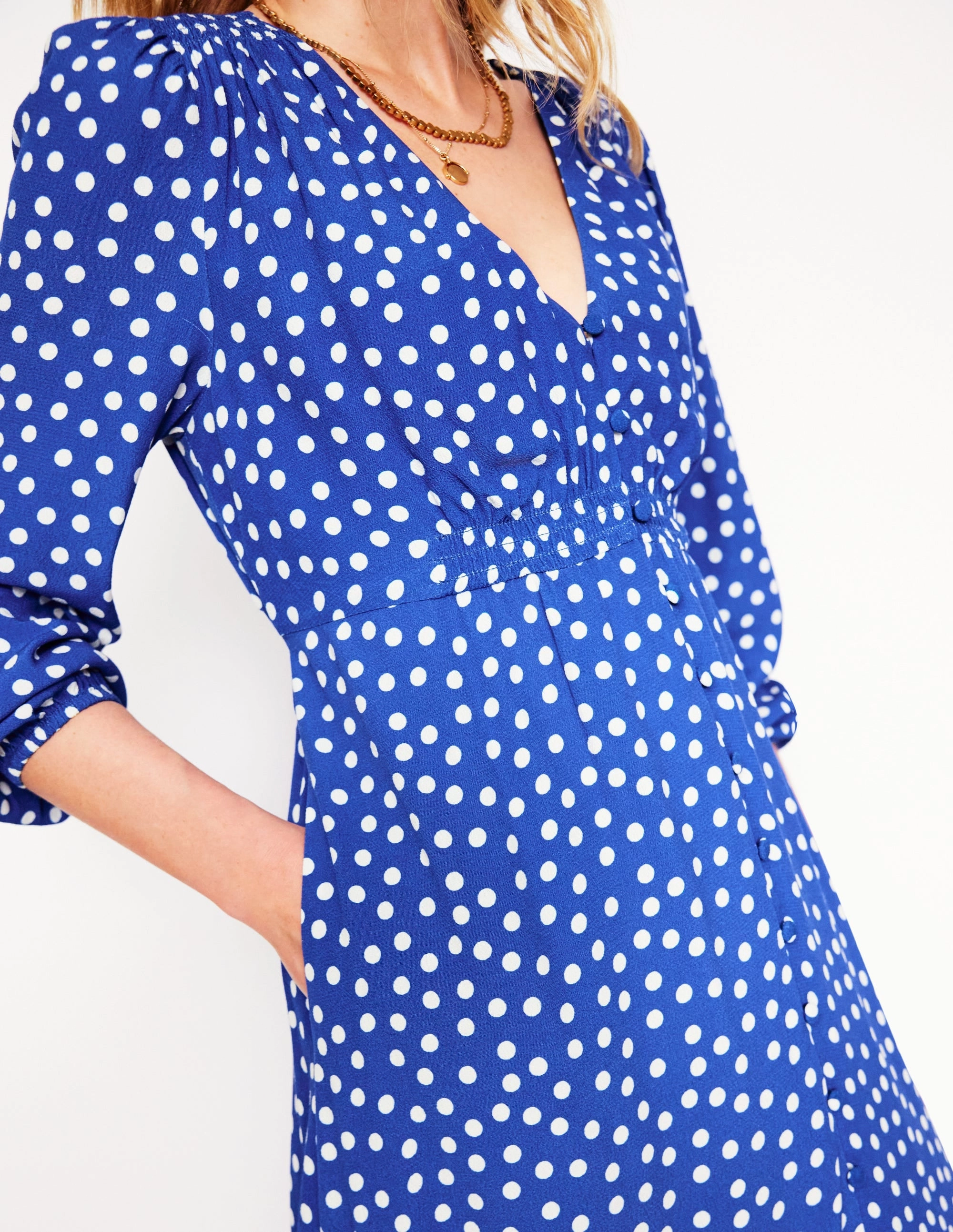 Joyful Look Curvy Glam Cynthia Button Tea Dress-Bright Blue, Abstract Dot