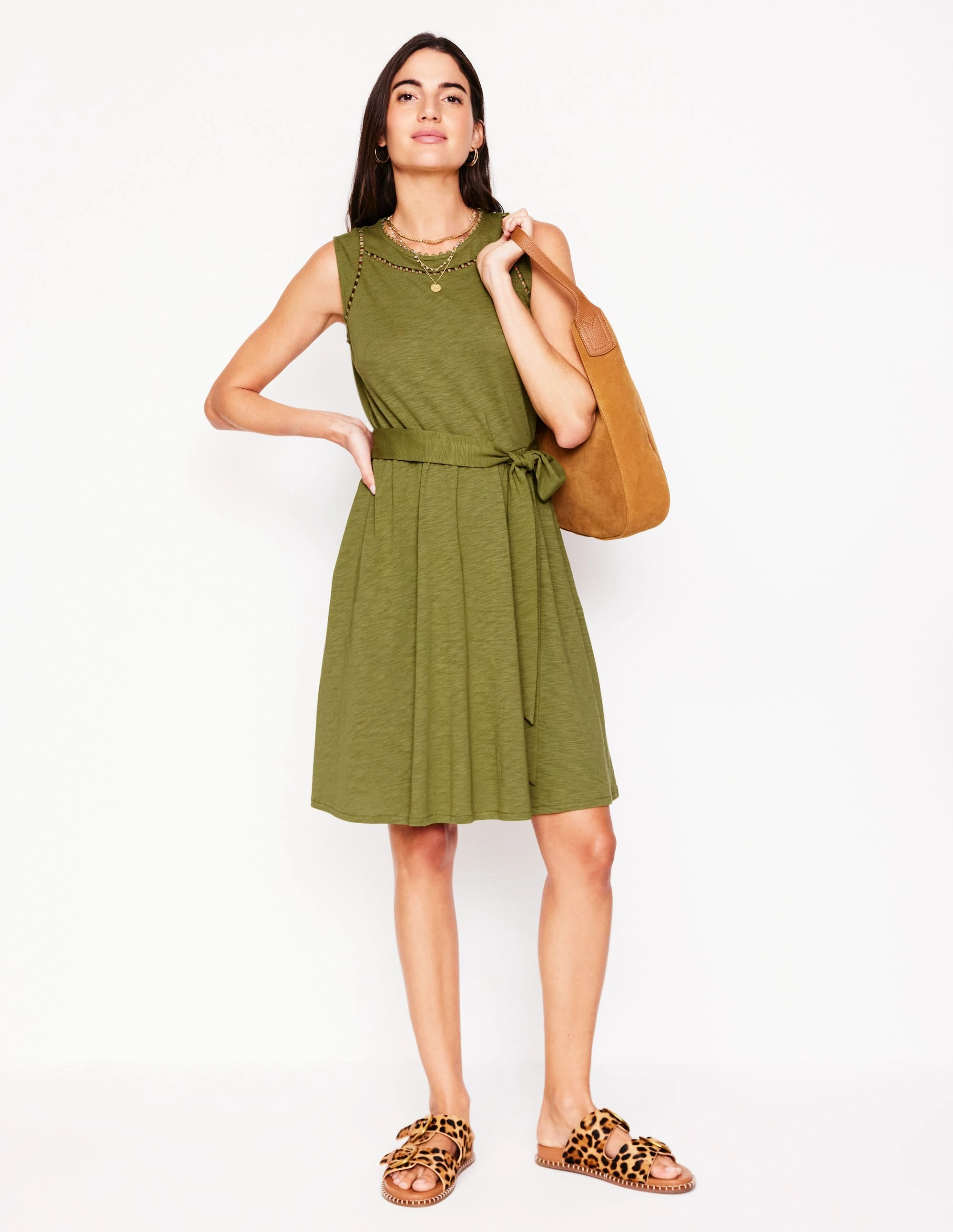 Mila Trim Short Jersey Dress-Deep Olive Stylish Waistband Design Lounge Vibe