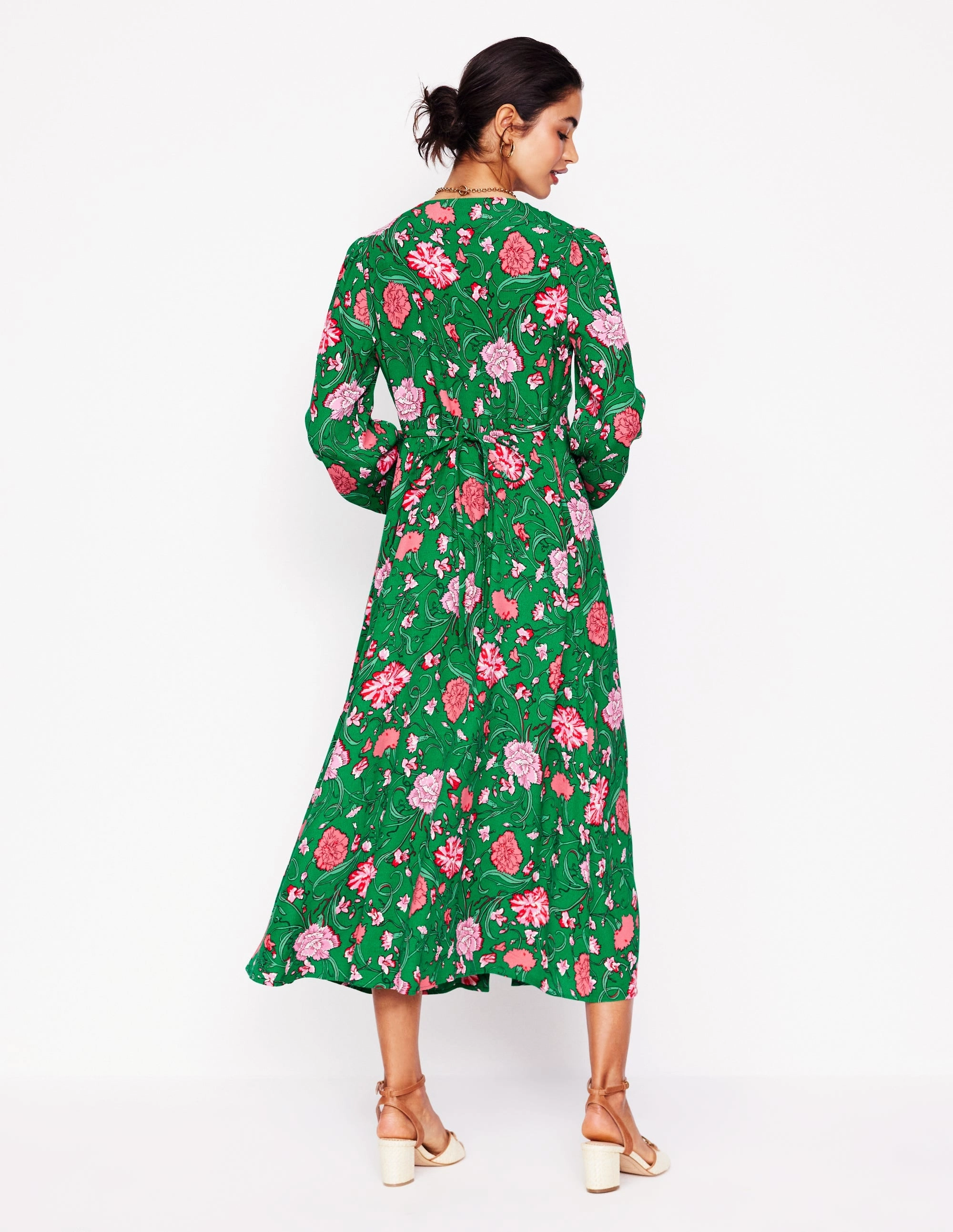 Bell-Sleeve Cynthia Button Tea Dress-Rich Emerald, Carnation Vine