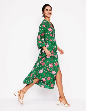 Cynthia Button Tea Dress-Rich Emerald, Carnation Vine Layering Comfort Sculpted Form