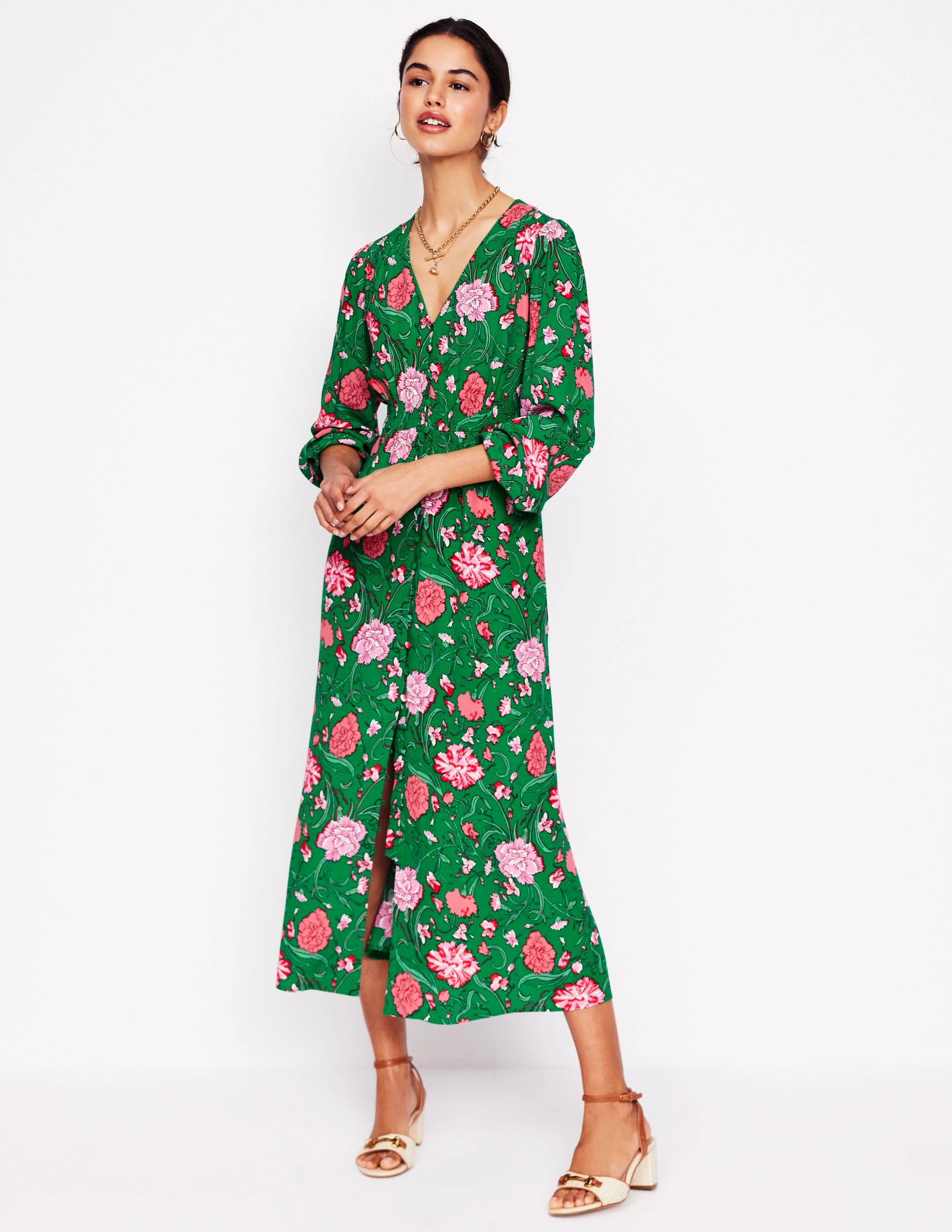Cynthia Button Tea Dress-Rich Emerald, Carnation Vine Fresh Form