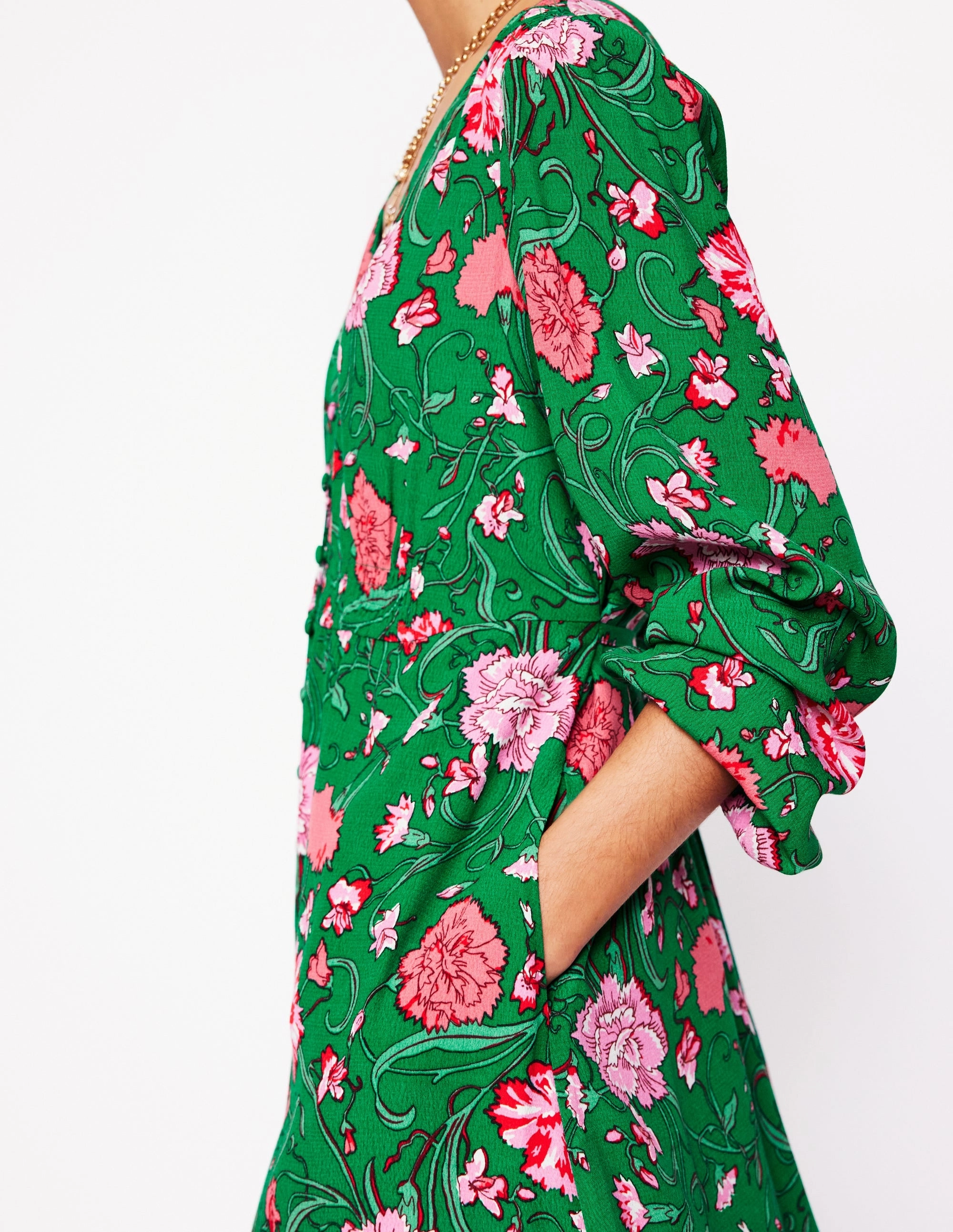 Cynthia Button Tea Dress-Rich Emerald, Carnation Vine Flap-Detail Casual Style