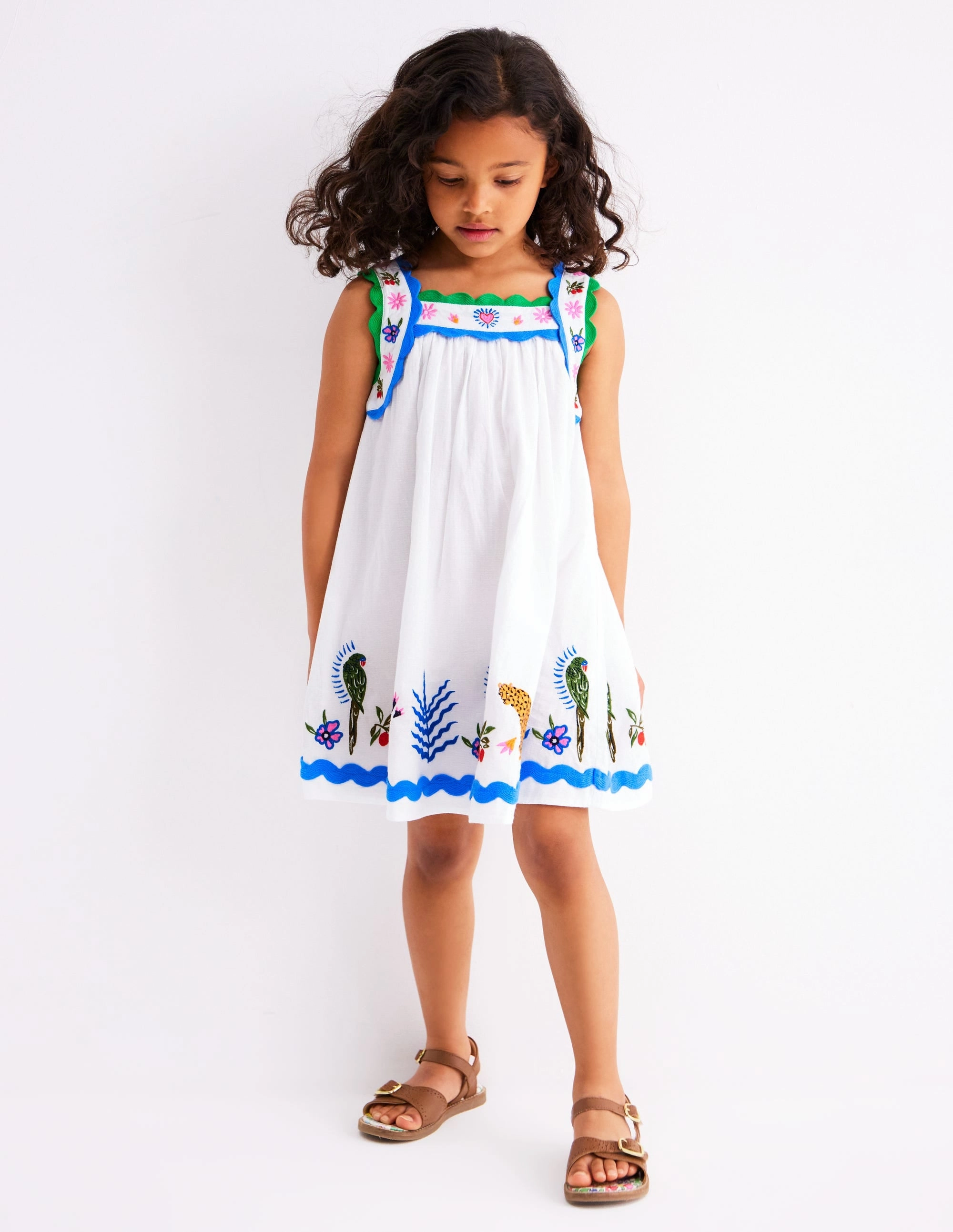 Maribel Strappy Swing Sundress-Soft Ivory Multi Jungle Sleek Draping Church Scene