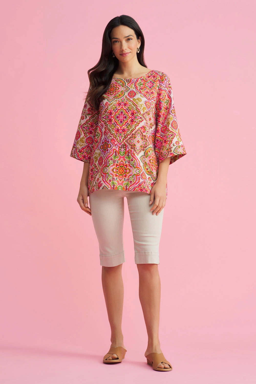 Low Profile Zipper French Linen Button Detail Top - Pink Tile Print