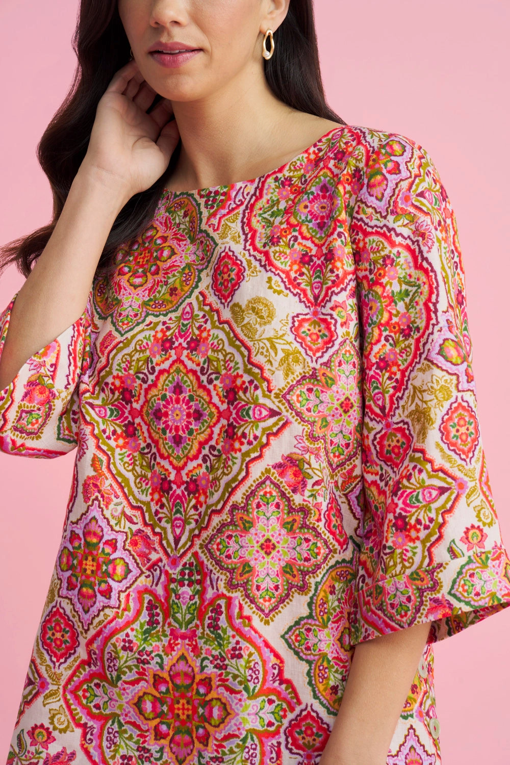 Sporty Tee French Linen Button Detail Top - Pink Tile Print