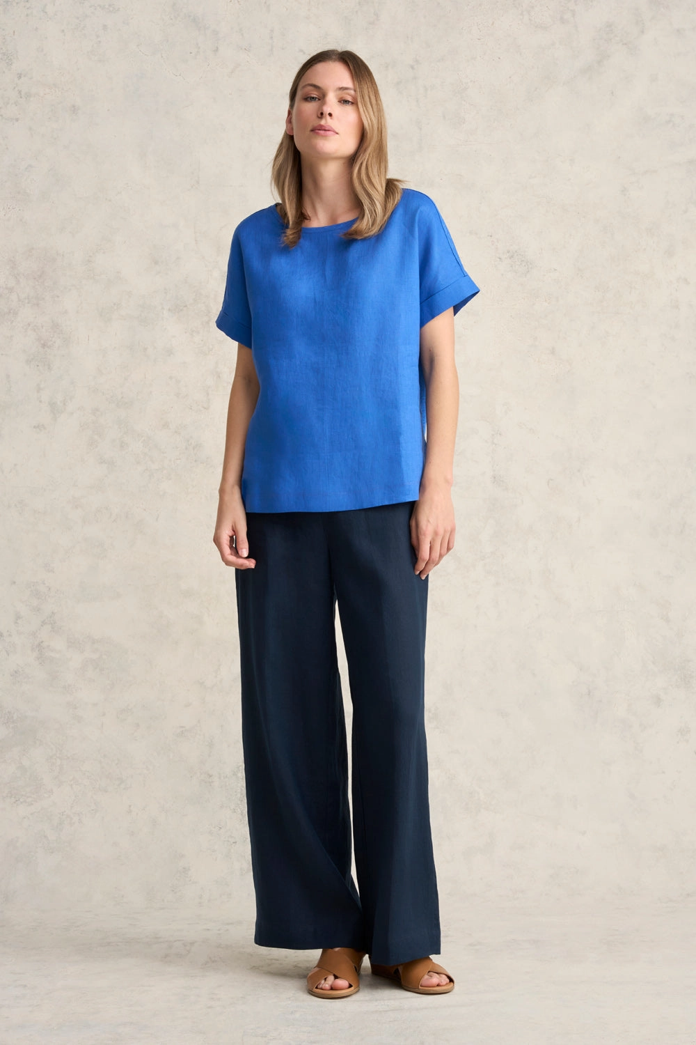 Raw Edge Finish Linen Mix Top - Indigo Blue