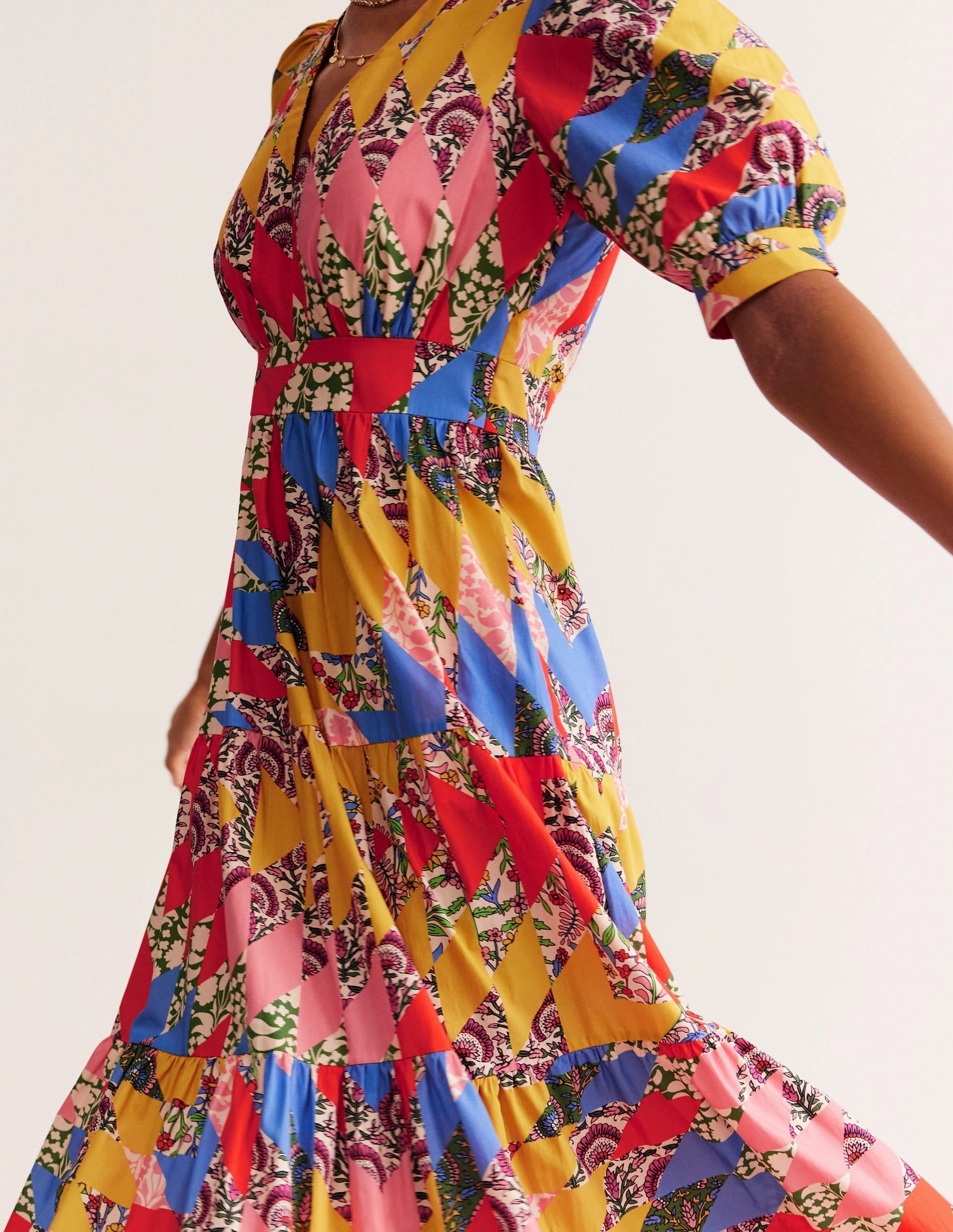 Bella Puff Sleeve Maxi Dress-Multi, Patchwork Floral Smooth Layering Chic Motion