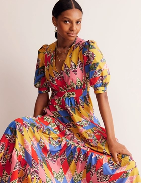 Bella Puff Sleeve Maxi Dress-Multi, Patchwork Floral Evening Motion