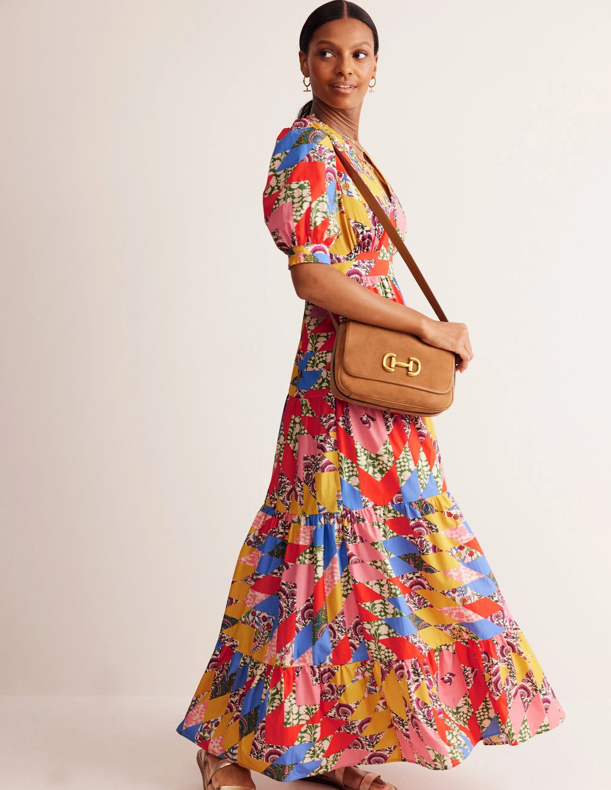 Bella Puff Sleeve Maxi Dress-Multi, Patchwork Floral Modern Appearance