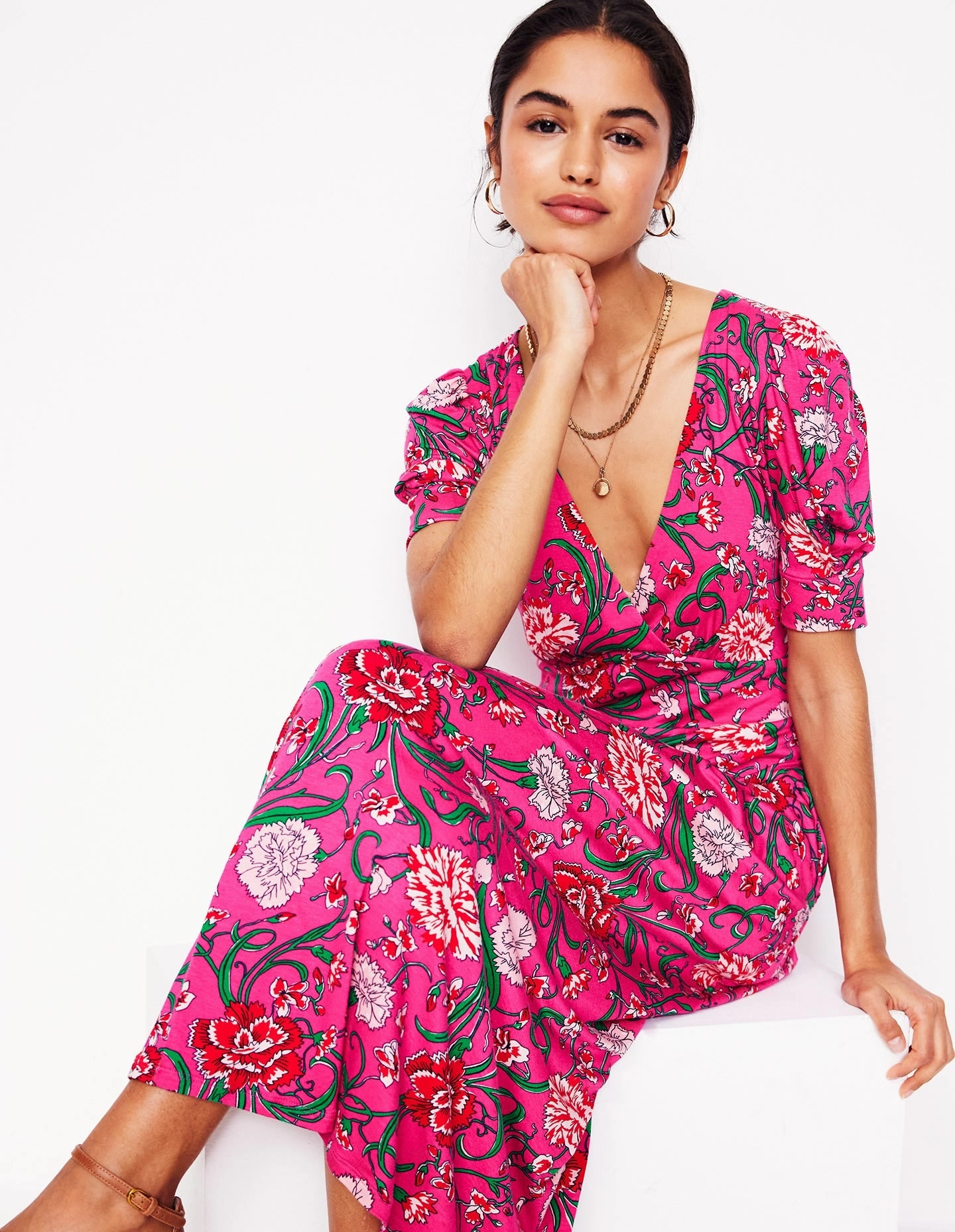 Kristen Pleated Jersey Dress-Pink Yarrow, Carnation Vine Cotton-Blend