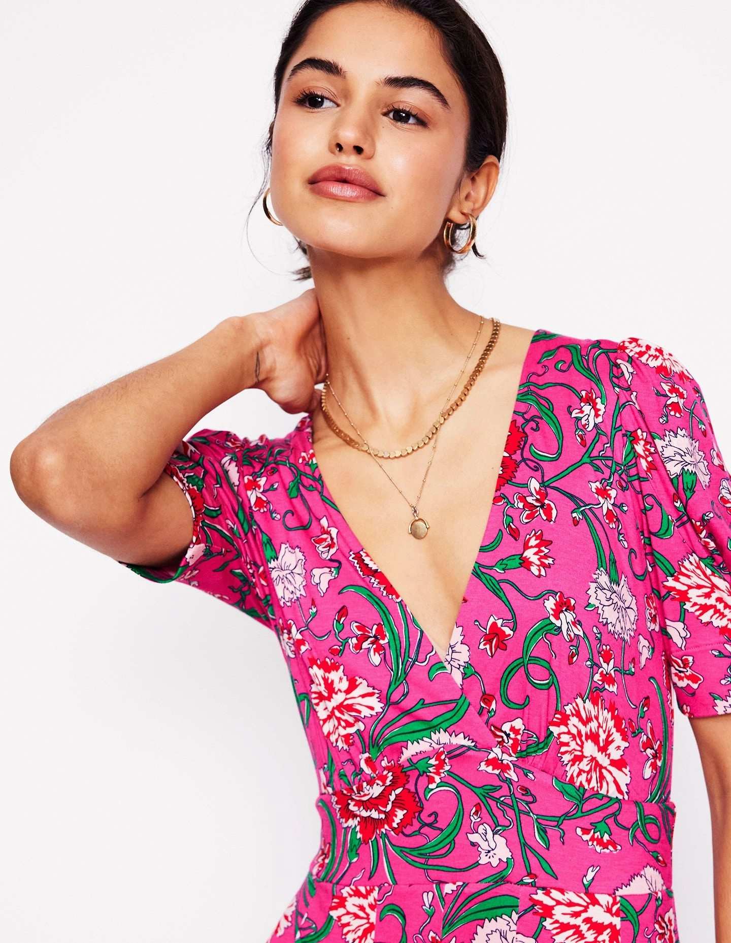 Kristen Pleated Jersey Dress-Pink Yarrow, Carnation Vine Shine Dressy